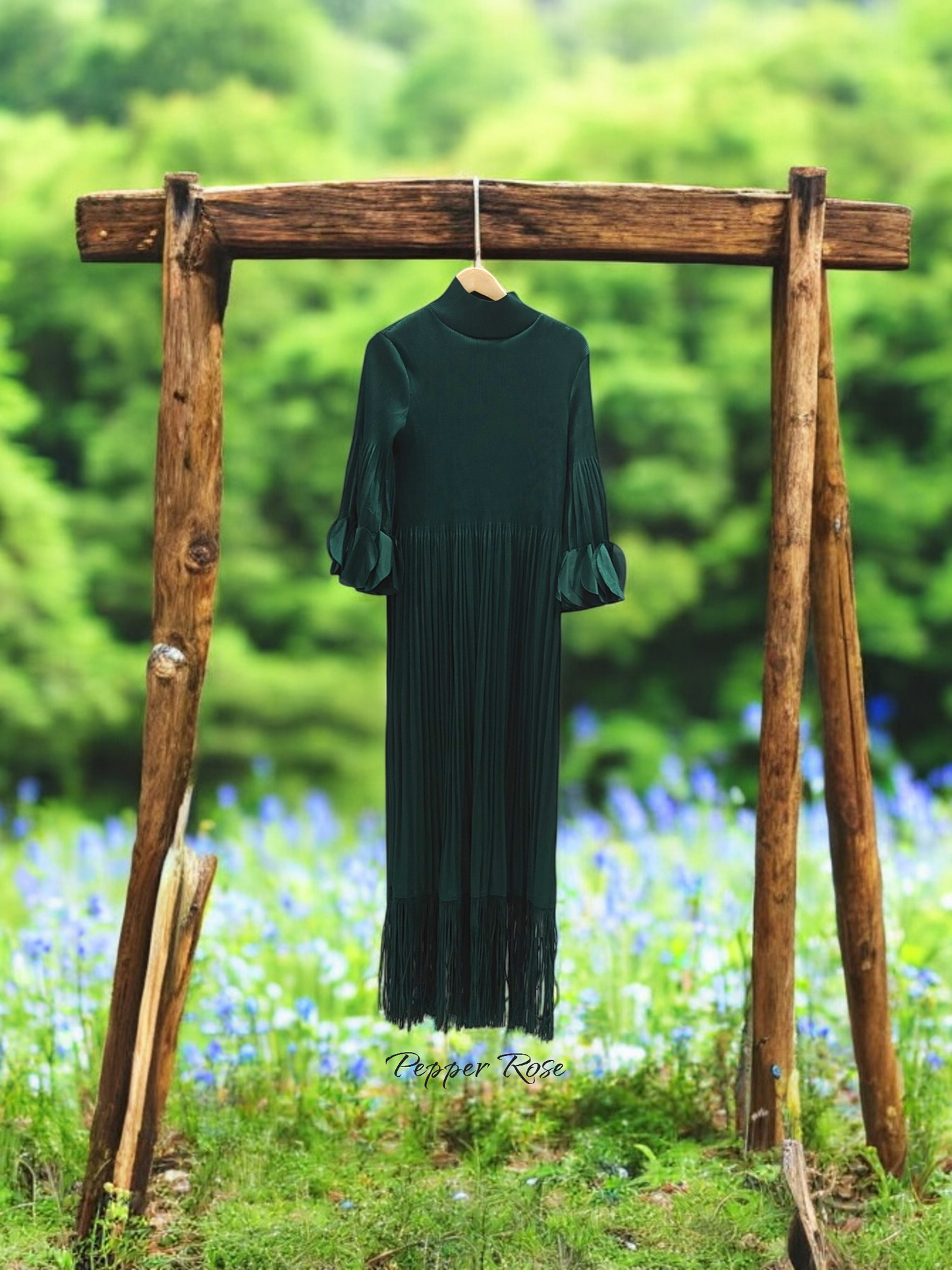 Miyake pleated Fringed Maxi Dress - Green