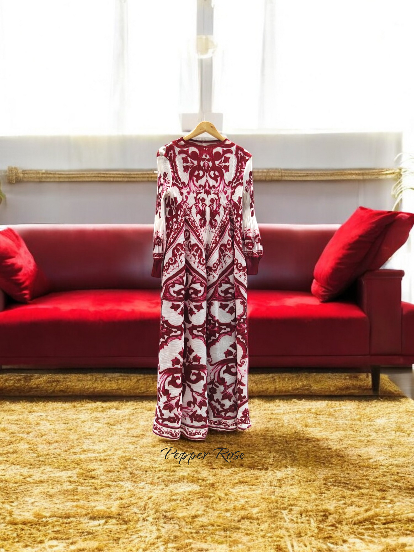 Miyake Pleated Porcelain print Retro Dress - Maroon & White