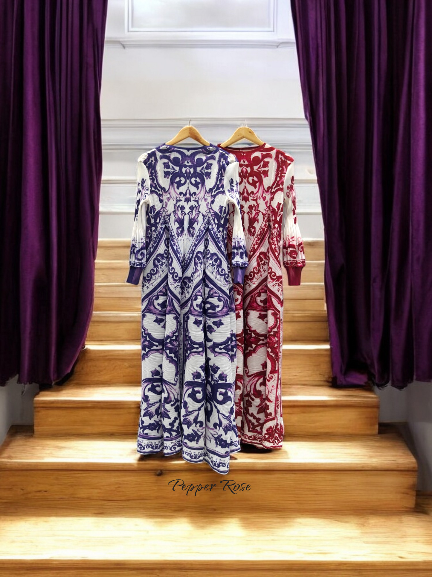 Miyake Pleated Porcelain print Retro Dress - Purple & White