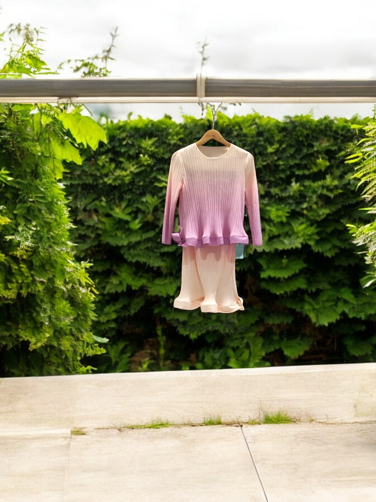 Miyake Celestial Flowing Pleated Co-ord Skirt Set - Pink/Offwhite