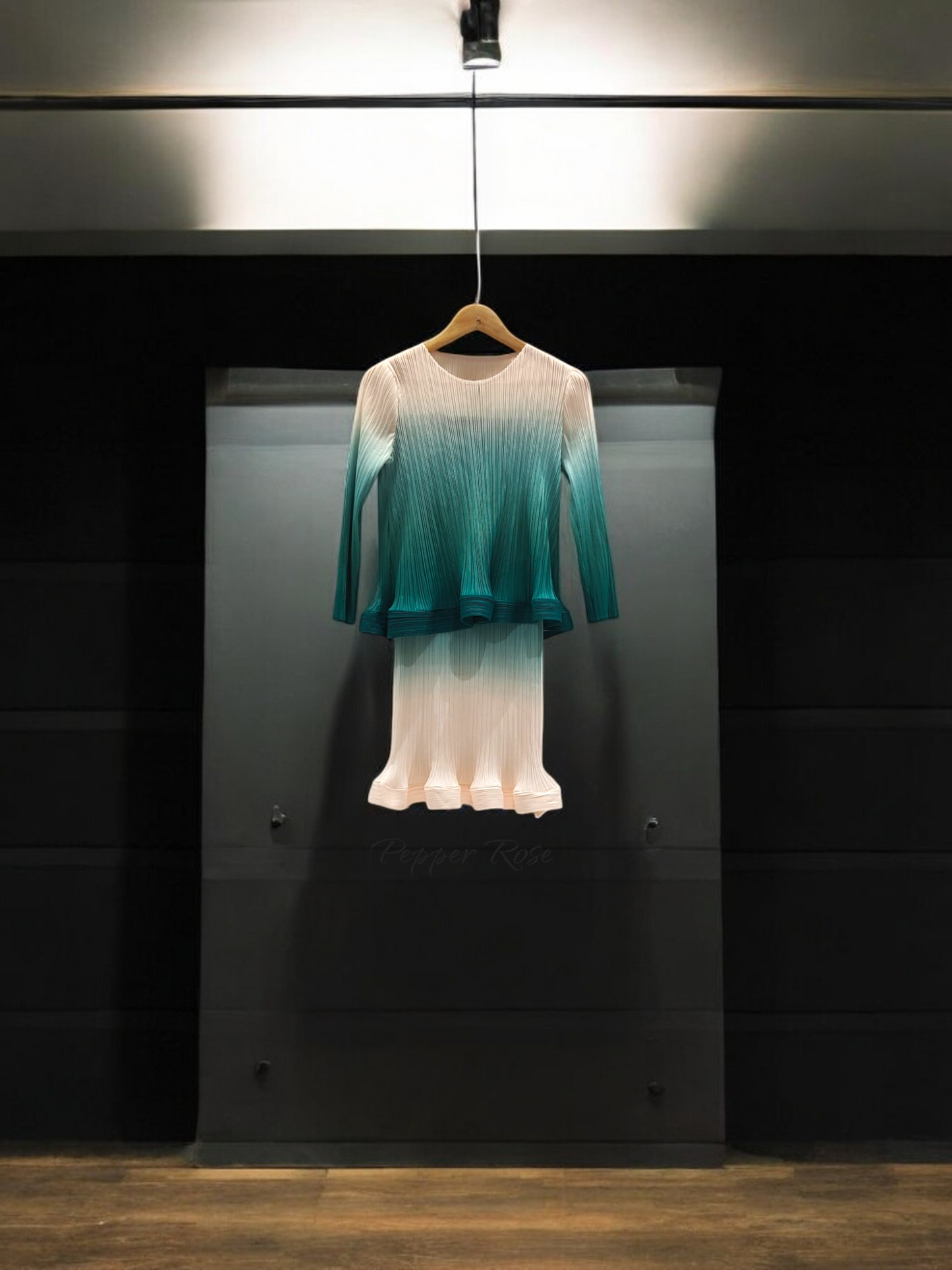 Miyake Celestial Flowing Pleated Co-ord Skirt Set - Green/Offwhite