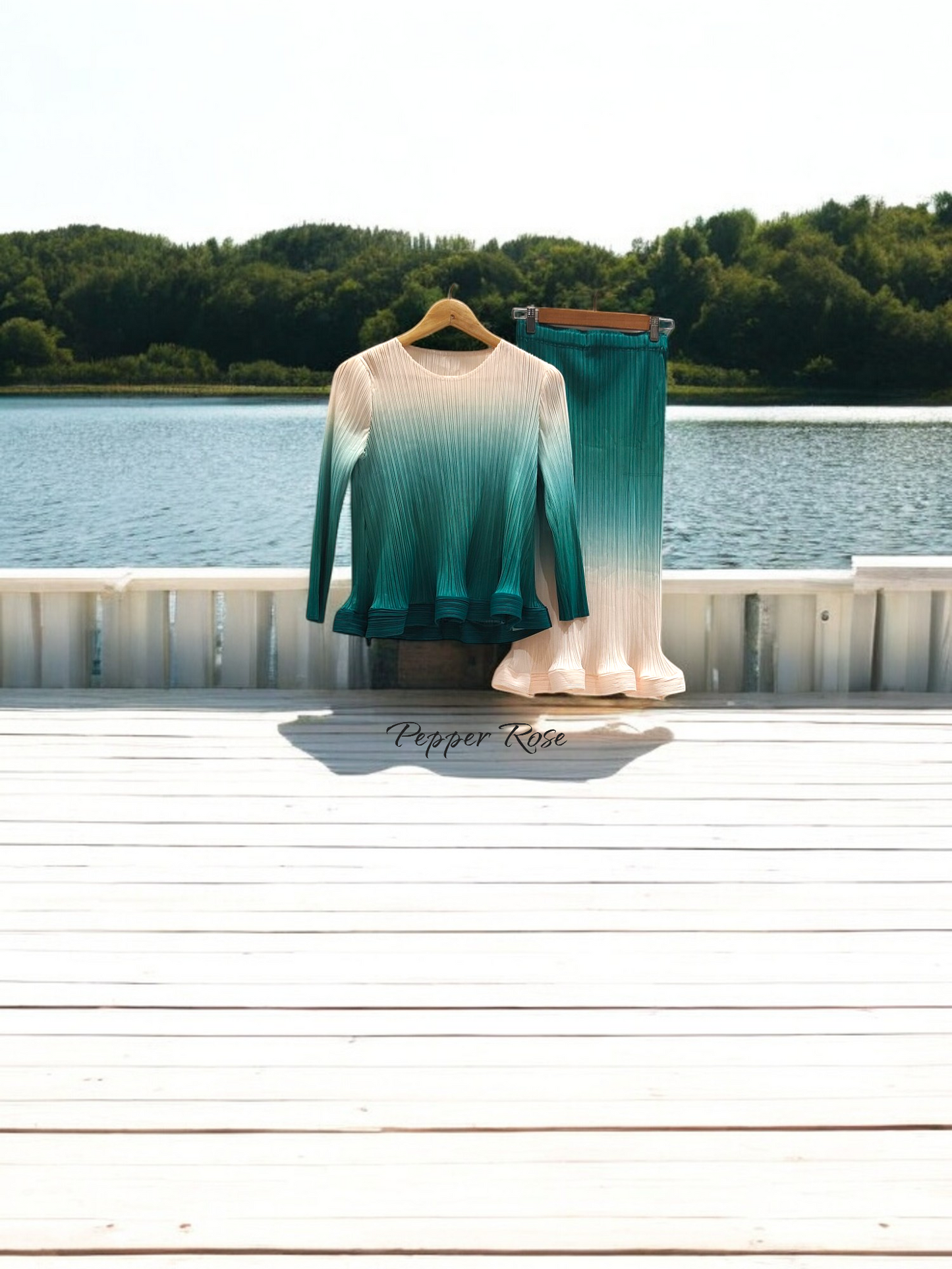 Miyake Celestial Flowing Pleated Co-ord Skirt Set - Green/Offwhite