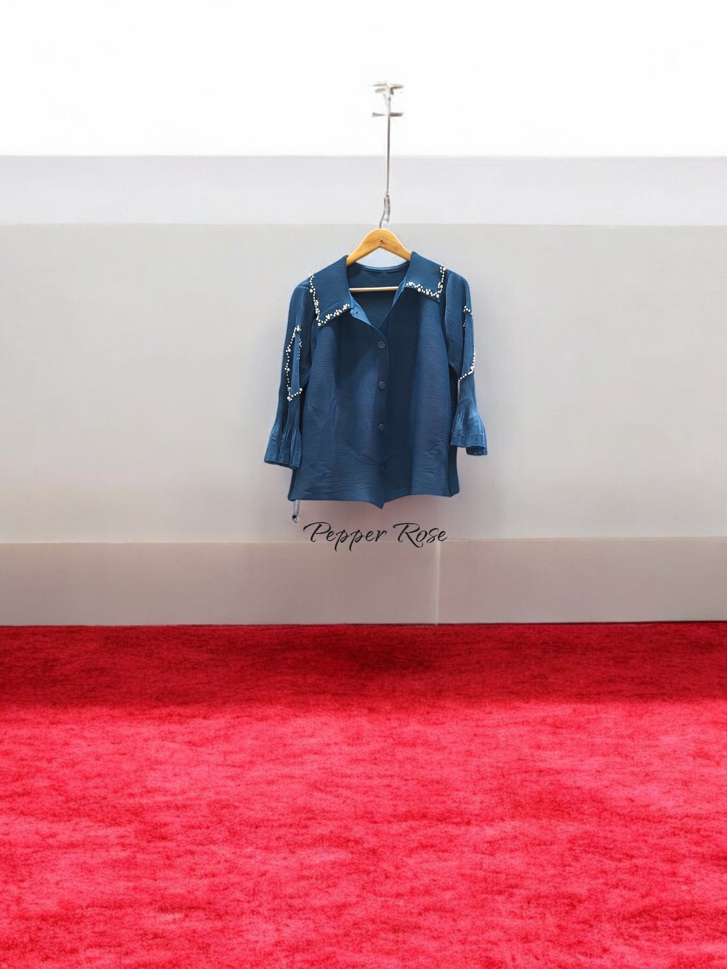 Miyake Pleated Pearl embellished top - Blue