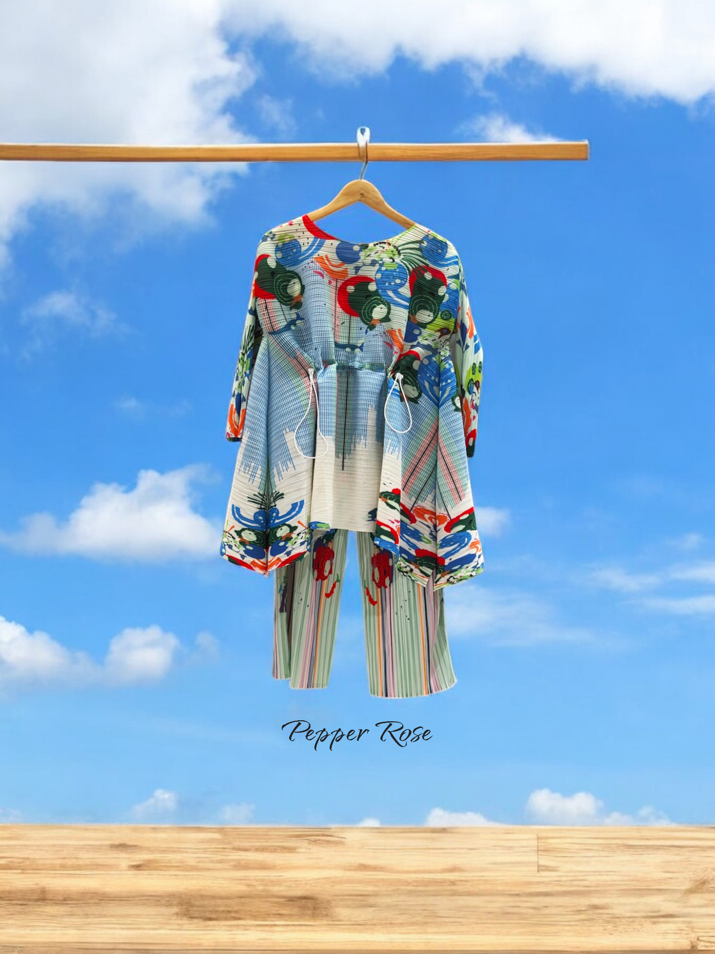 Miyake Pleated Asymmetric Geometric printed co-ord set - Blue/White