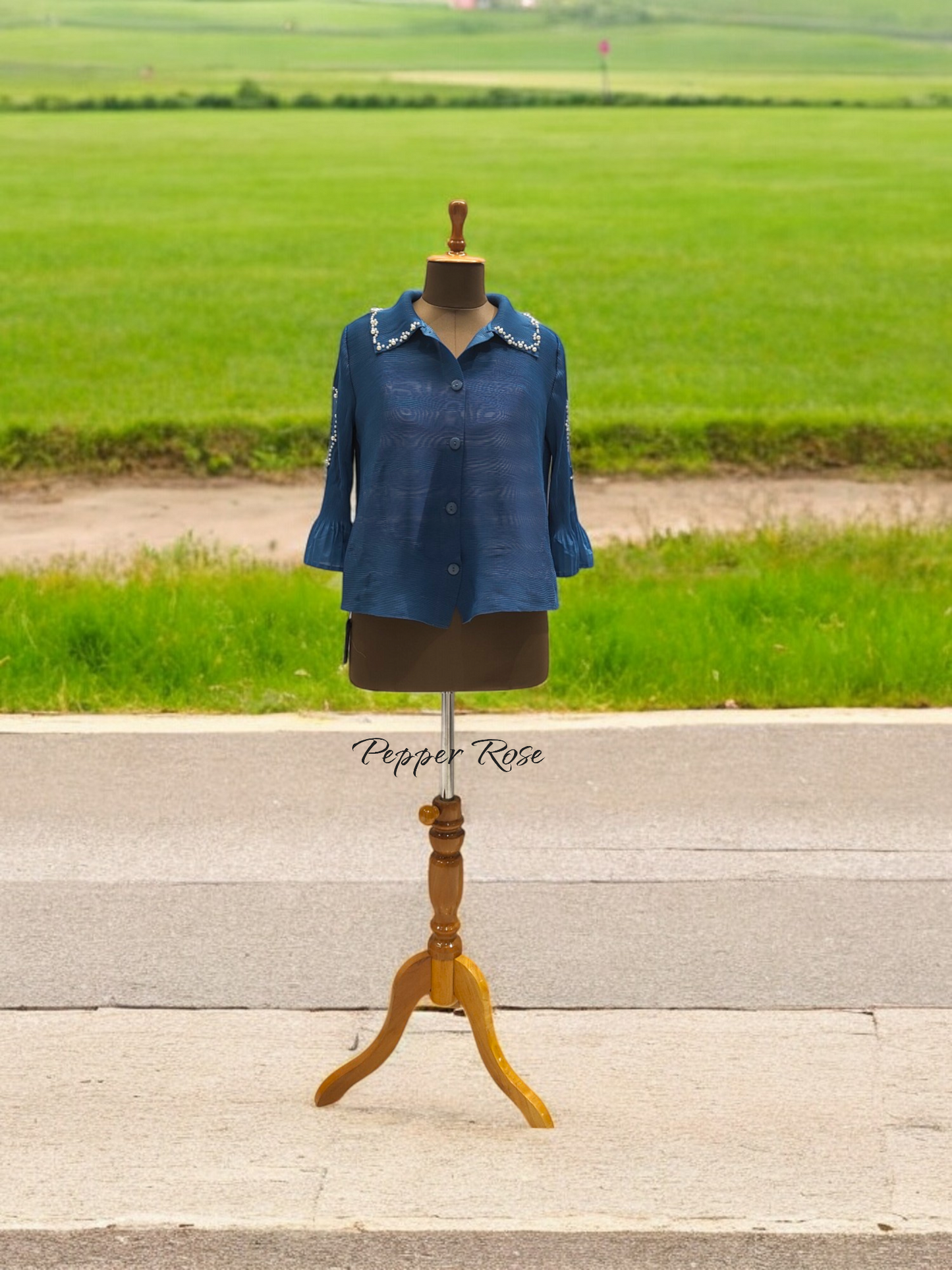 Miyake Pleated Pearl embellished top - Blue