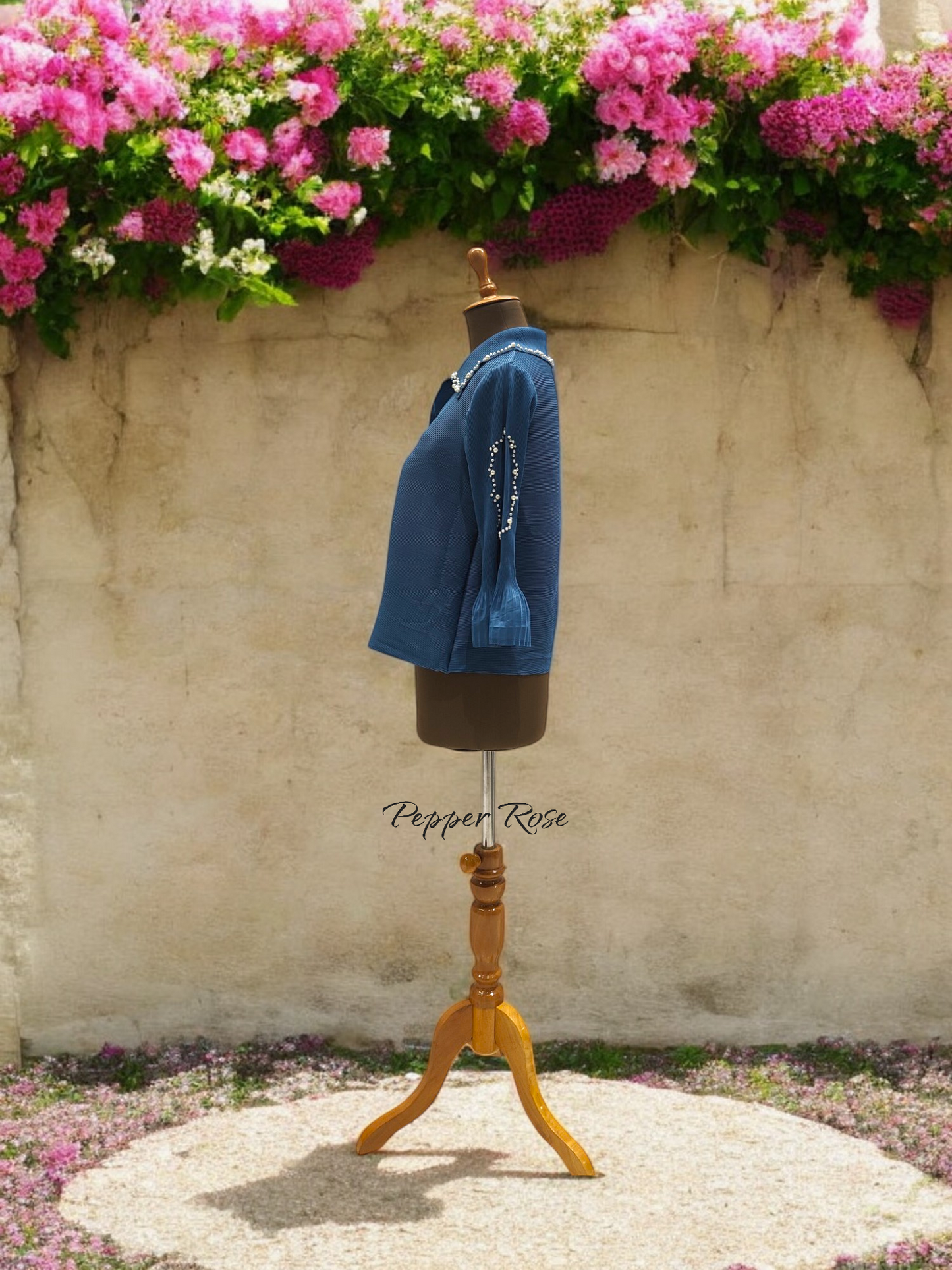 Miyake Pleated Pearl embellished top - Blue