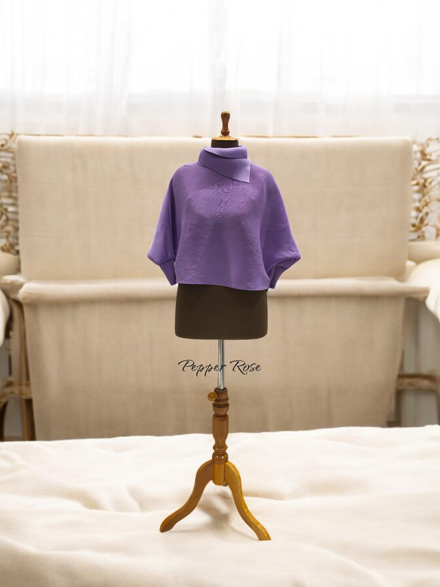 Miyake Pleated plain top with Turtleneck - Lavender