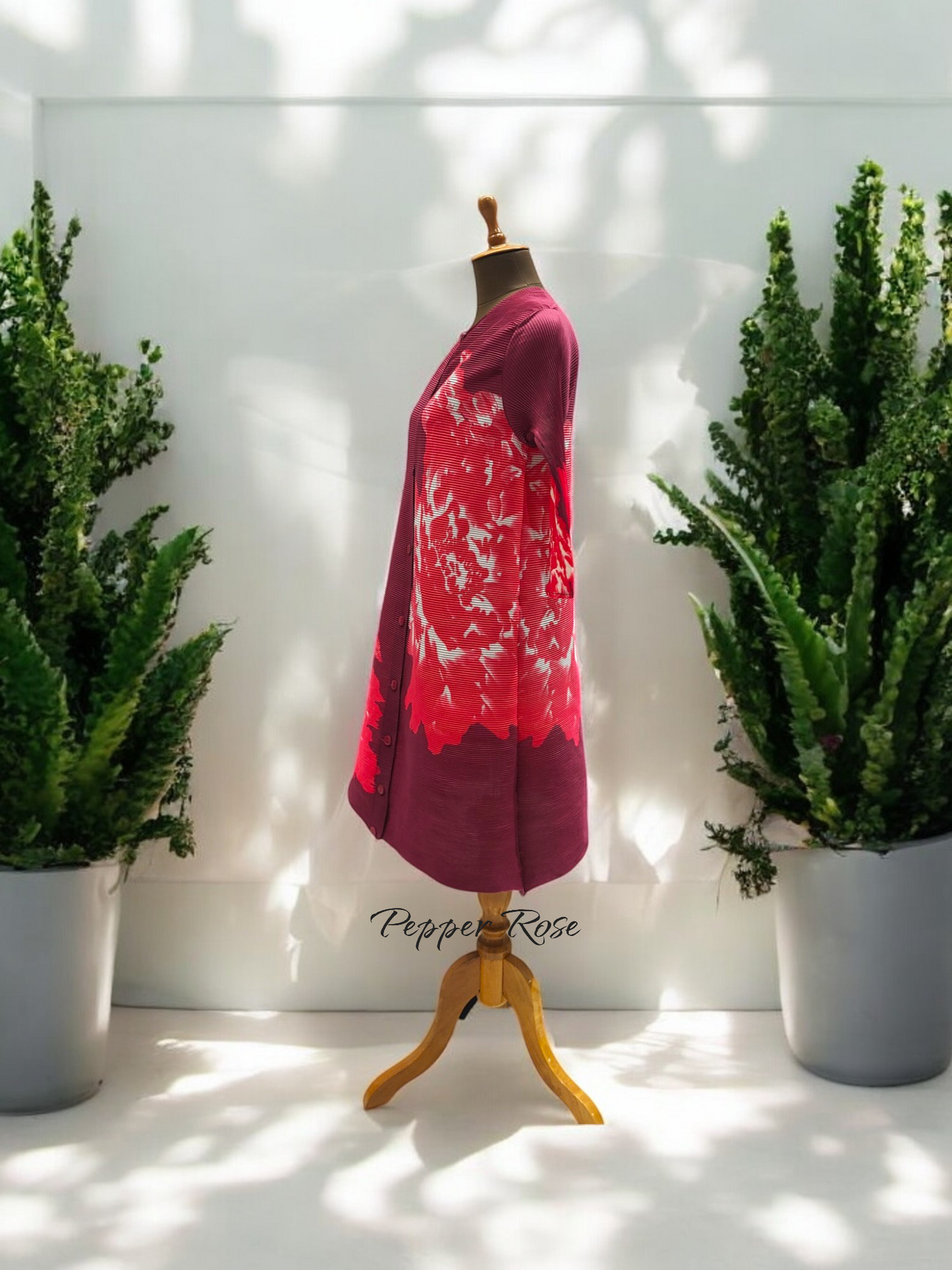 Miyake Pleated Buttoned Floral printed Dress - Maroon/Red