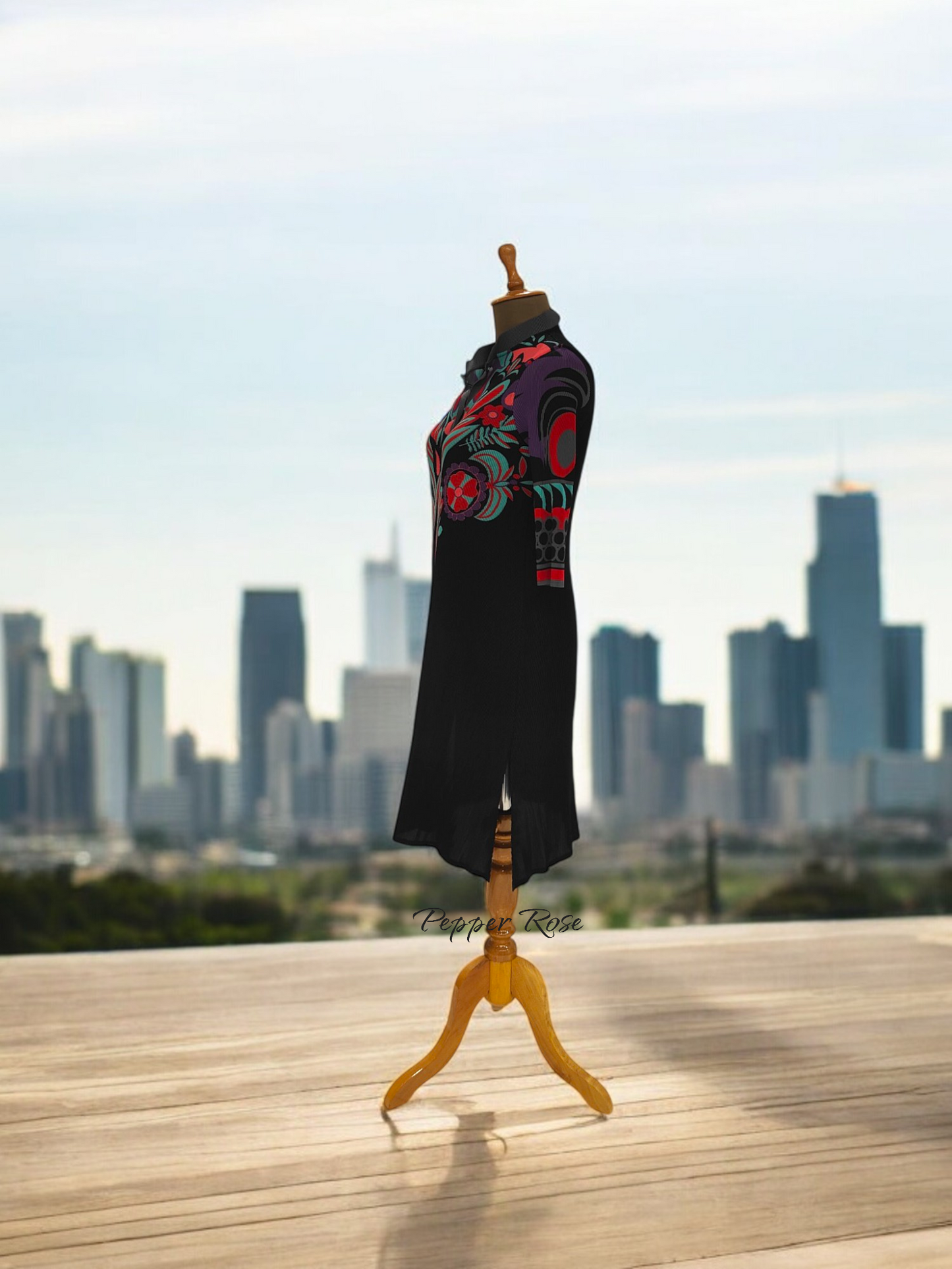 Miyake Pleated Retro Print Dress - Black