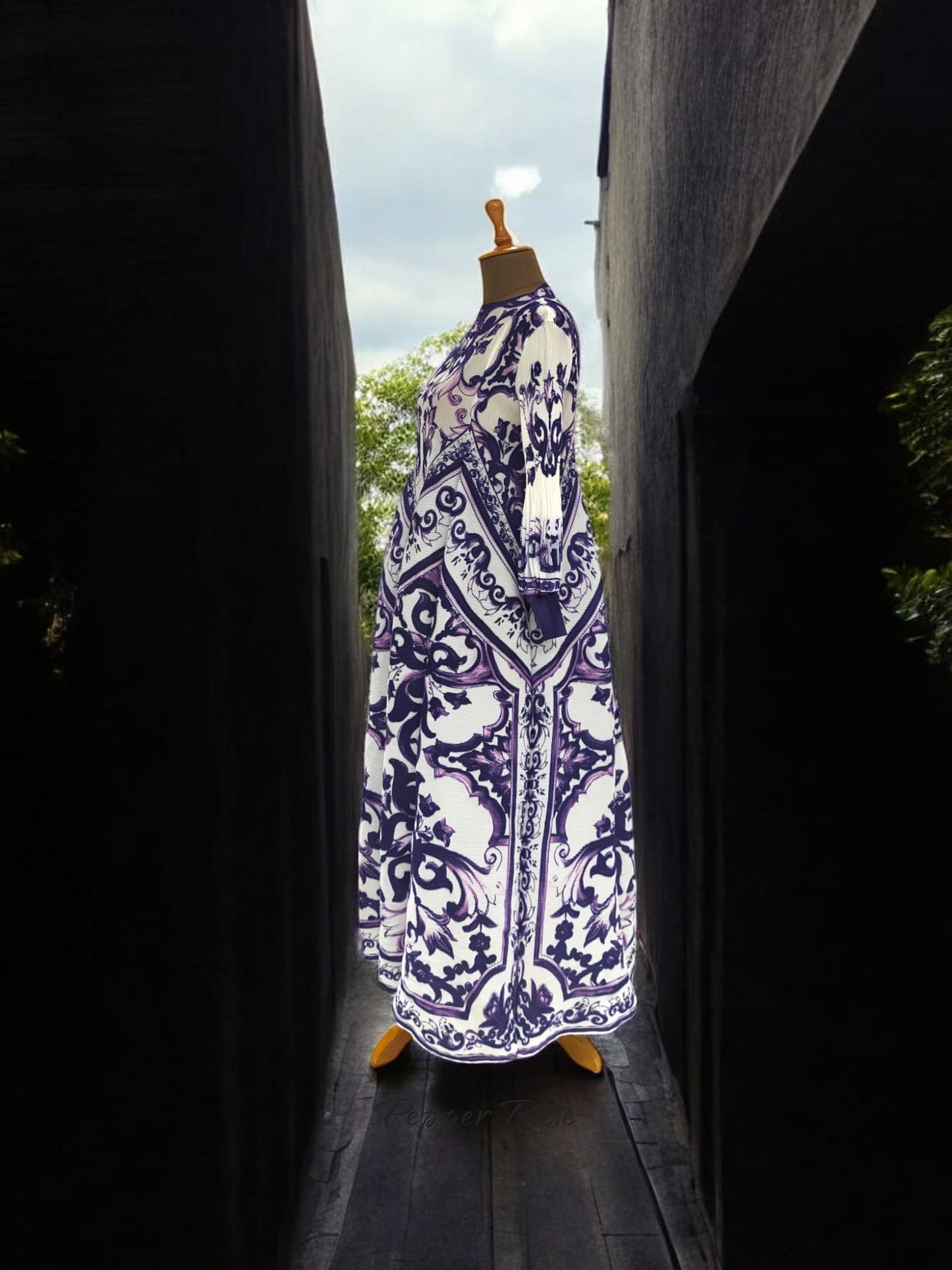 Miyake Pleated Porcelain print Retro Dress - Purple & White