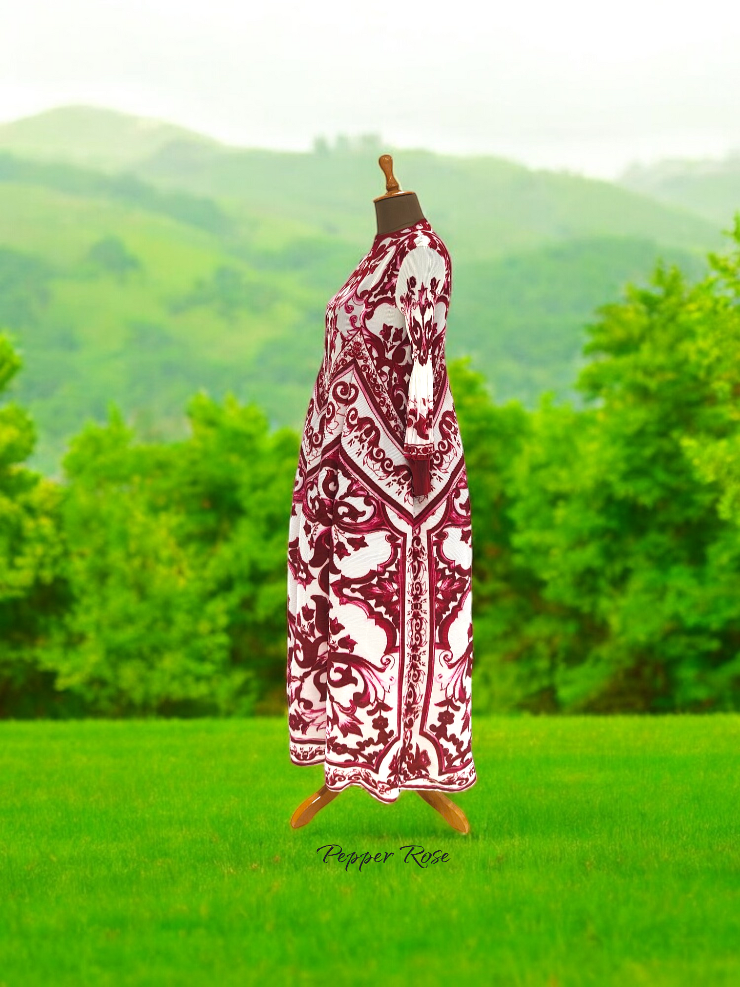 Miyake Pleated Porcelain print Retro Dress - Maroon & White
