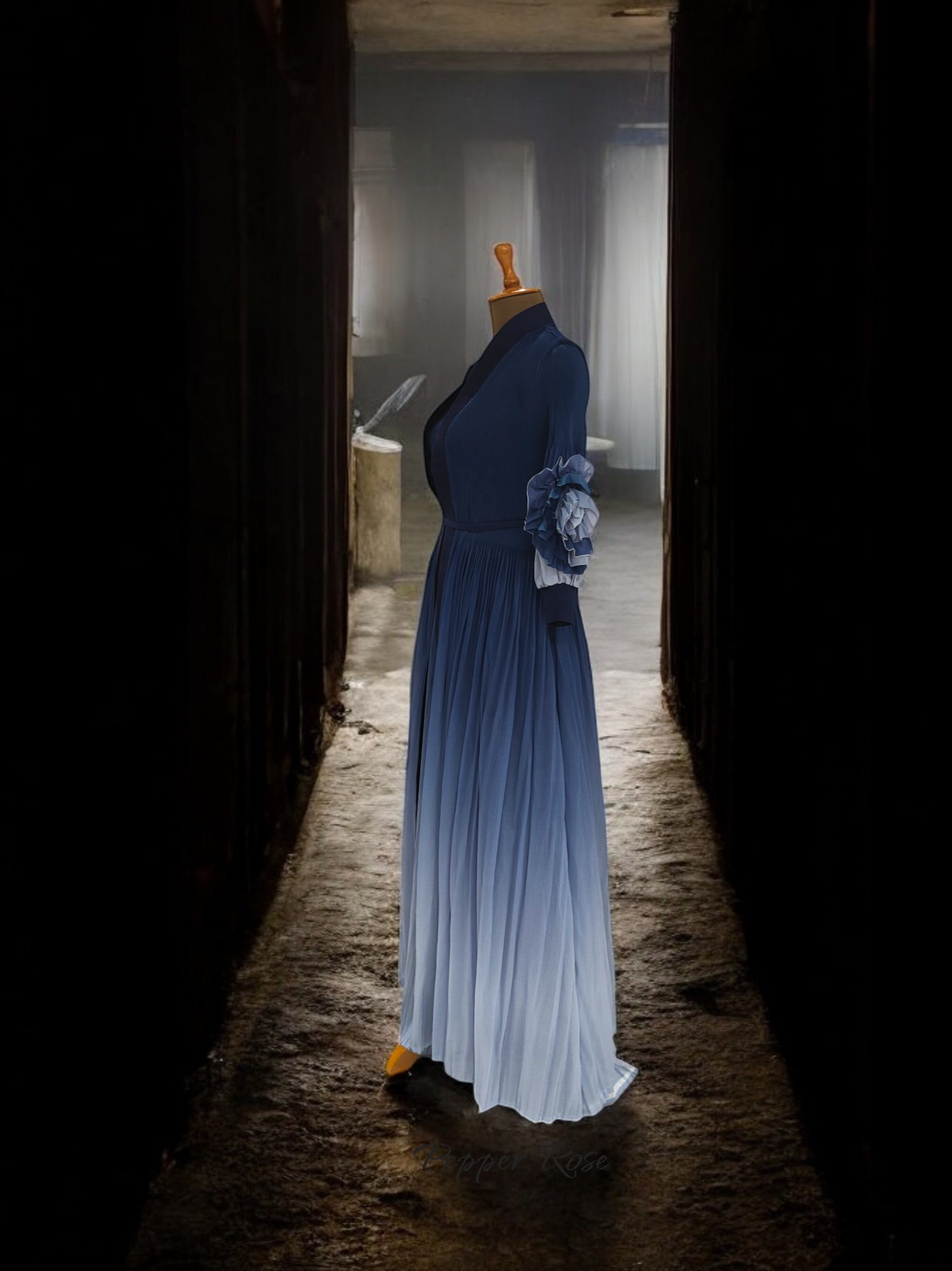 Miyake 2 piece coat and sleeveless pleated Dress - Navy blue