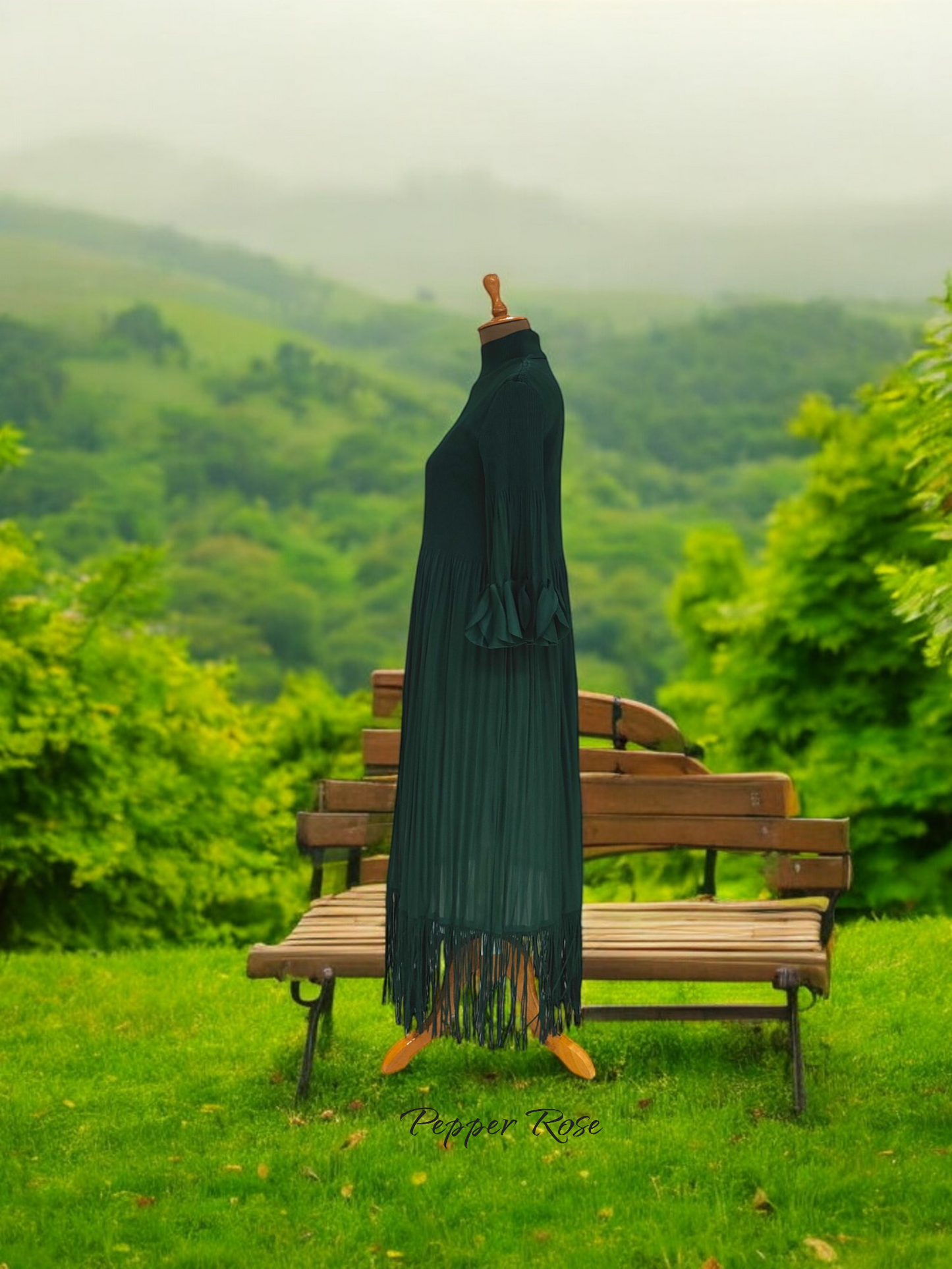 Miyake pleated Fringed Maxi Dress - Green