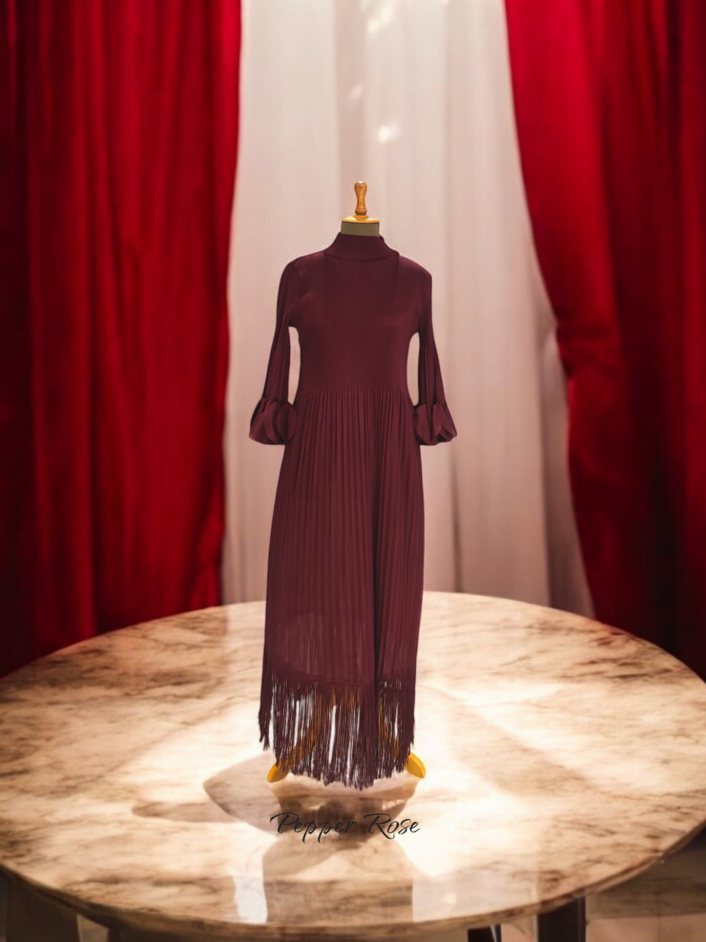 Miyake pleated Fringed Maxi Dress - Chestnut color