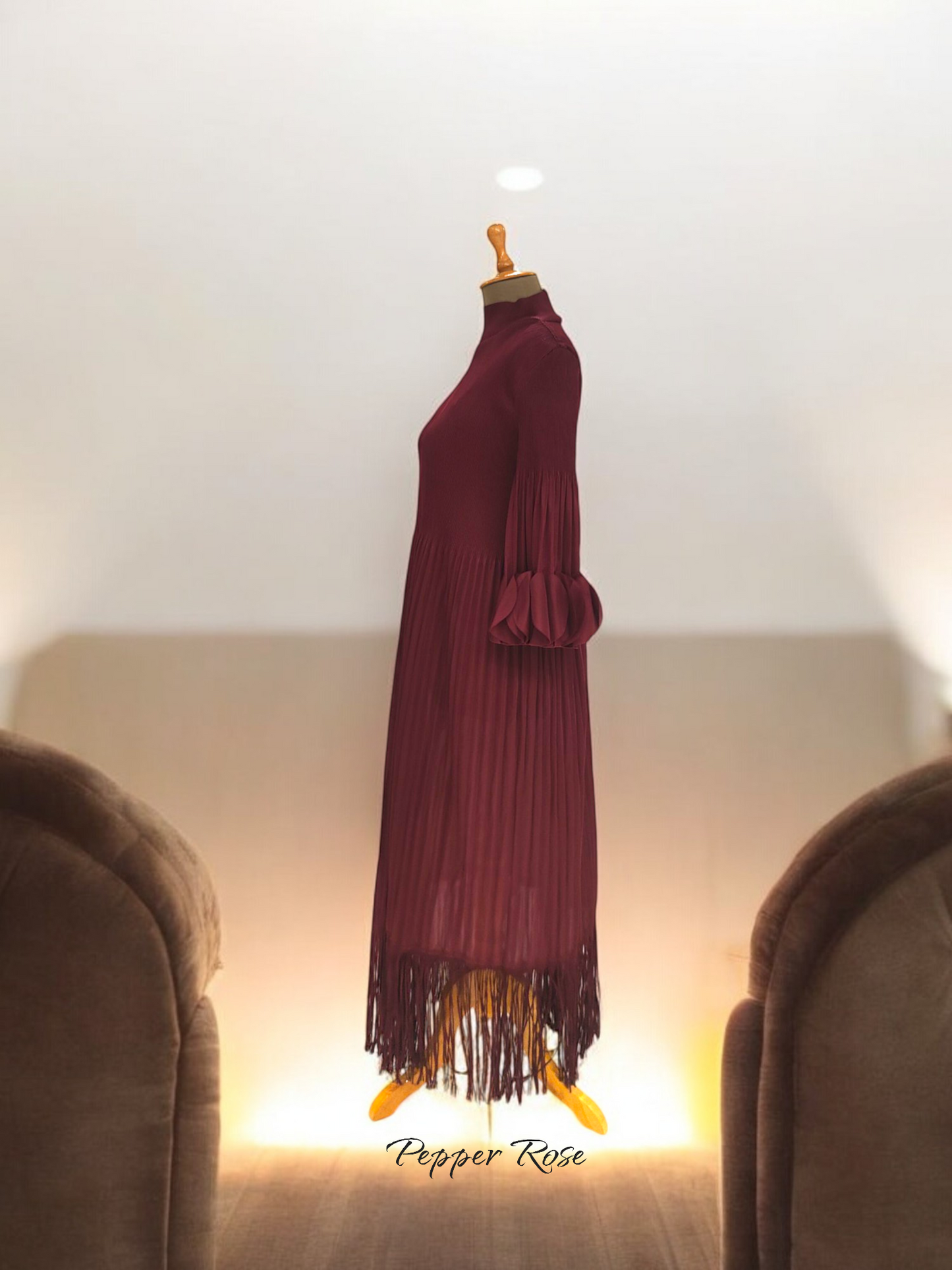 Miyake pleated Fringed Maxi Dress - Chestnut color