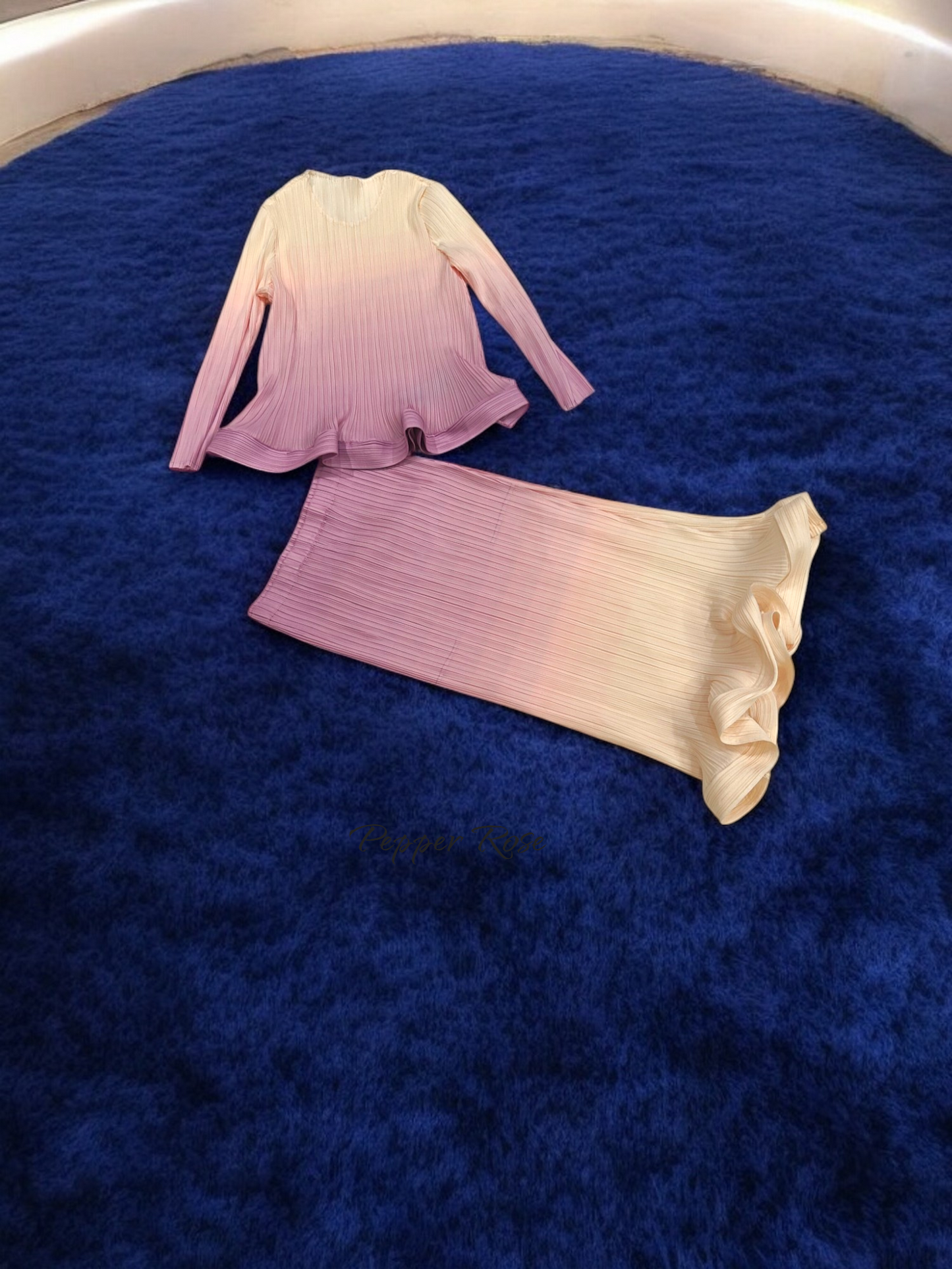 Miyake Celestial Flowing Pleated Co-ord Skirt Set - Pink/Offwhite