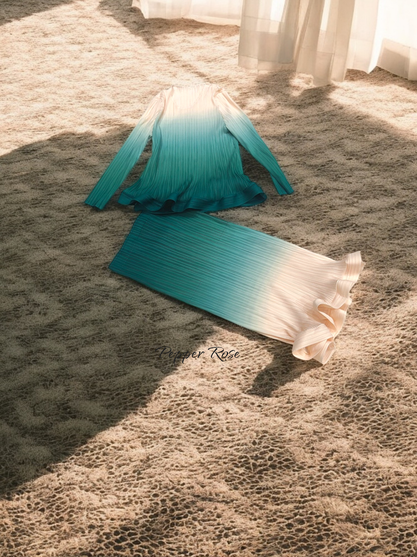 Miyake Celestial Flowing Pleated Co-ord Skirt Set - Green/Offwhite