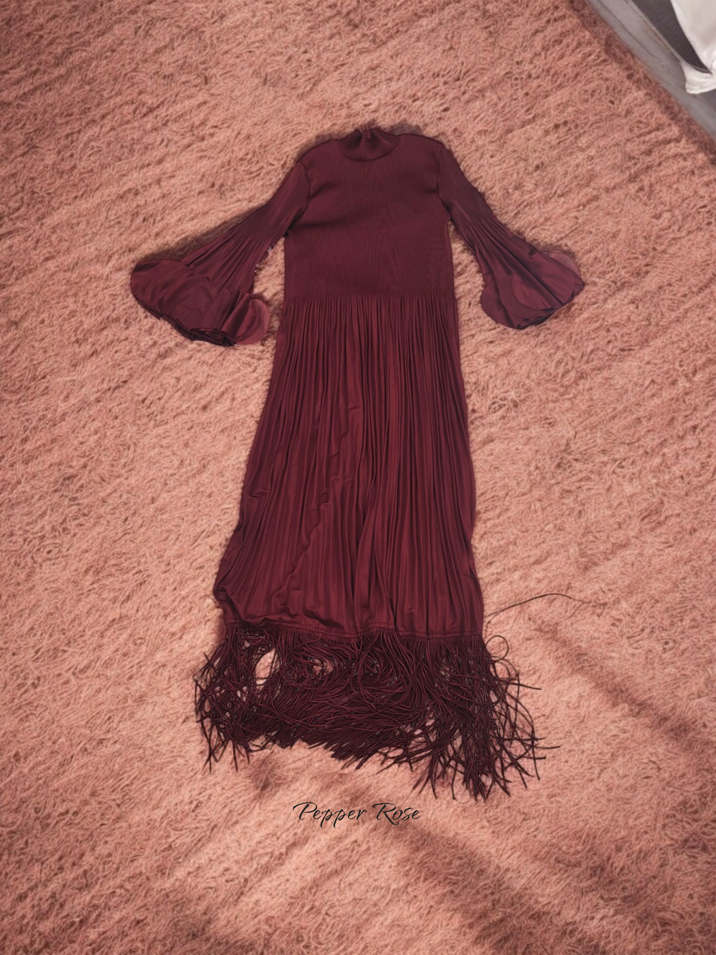 Miyake pleated Fringed Maxi Dress - Chestnut color