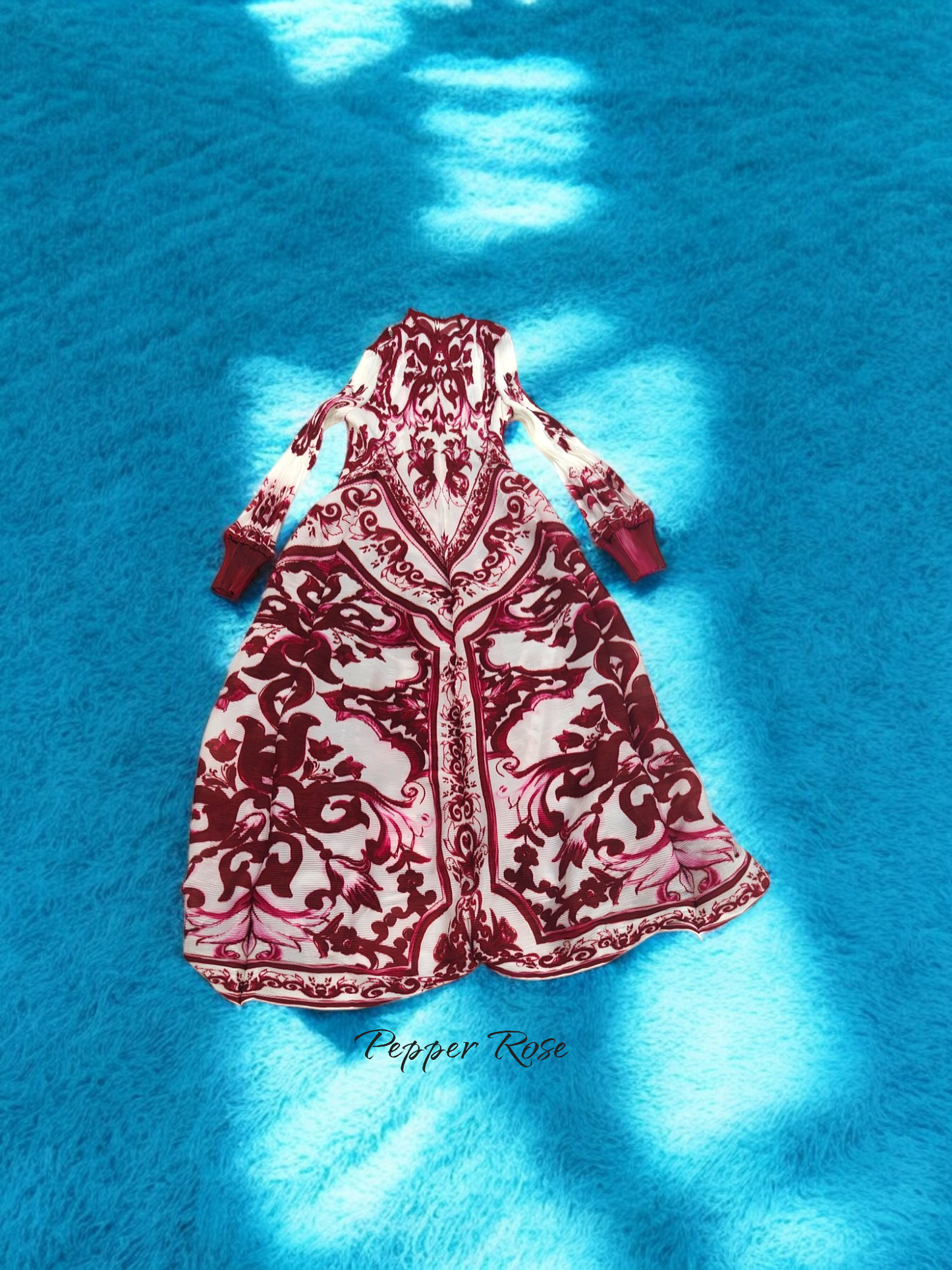 Miyake Pleated Porcelain print Retro Dress - Maroon & White