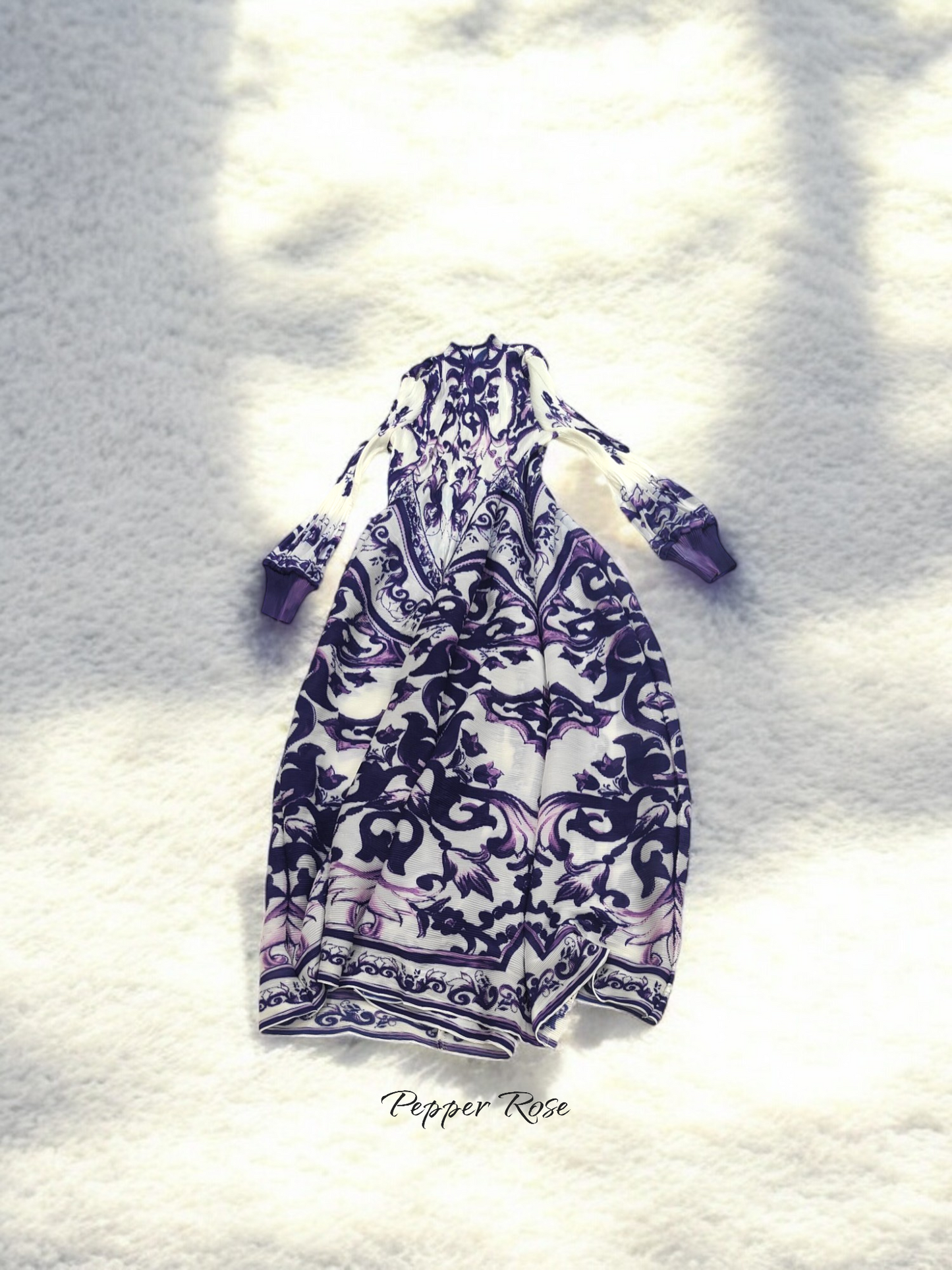 Miyake Pleated Porcelain print Retro Dress - Purple & White