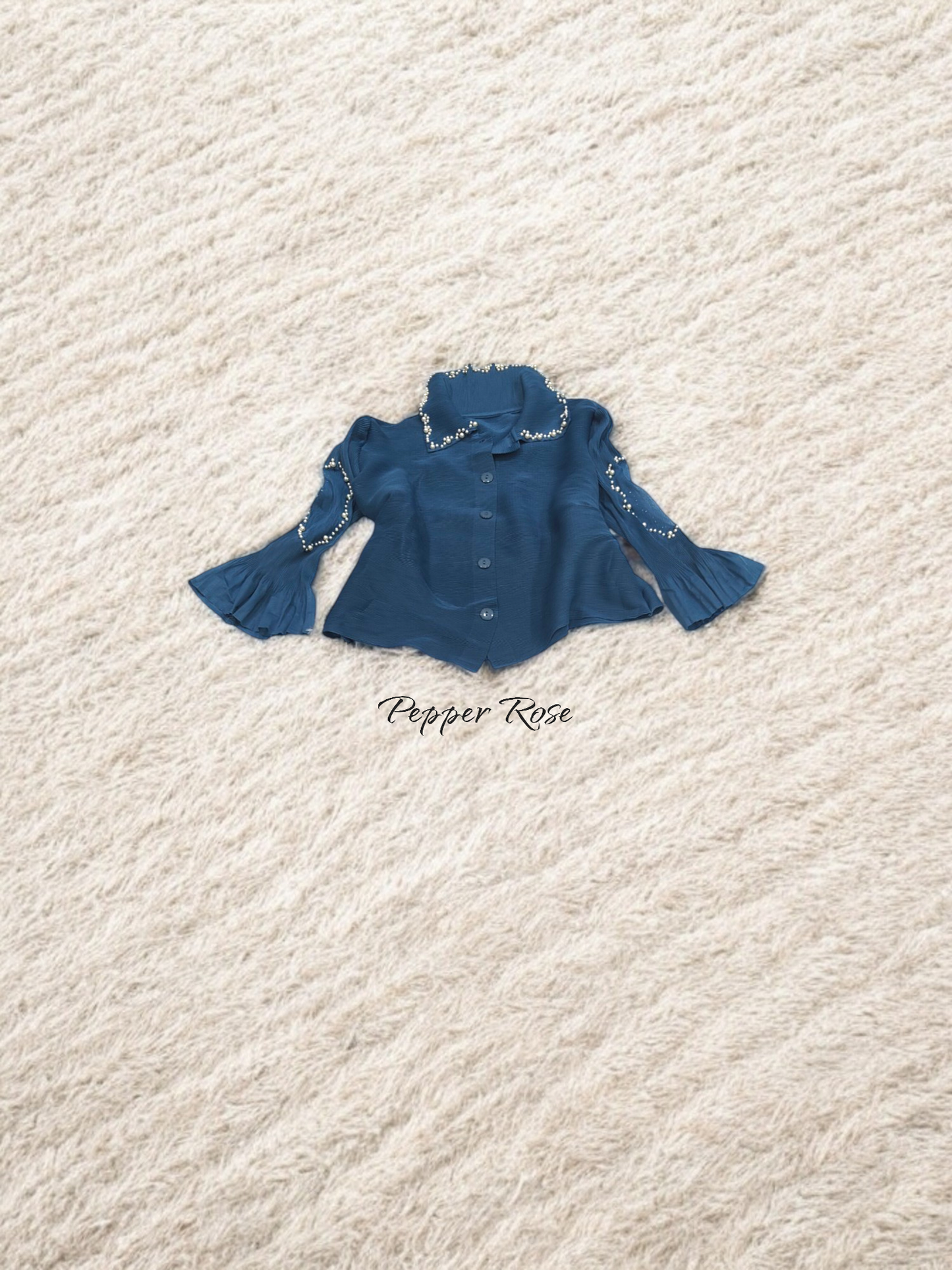 Miyake Pleated Pearl embellished top - Blue