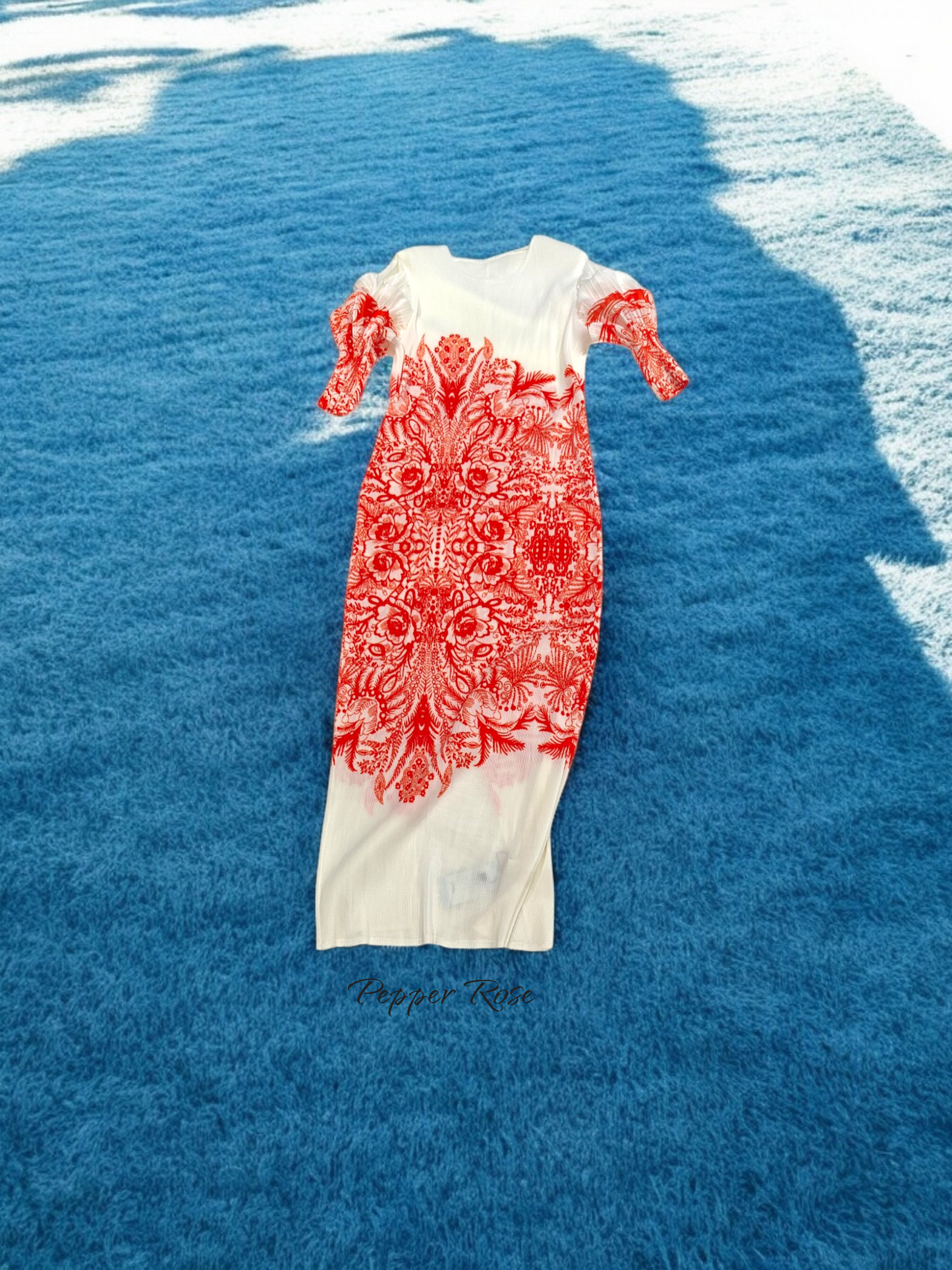 Miyake pleated printed bodycon Dress - White & Orange