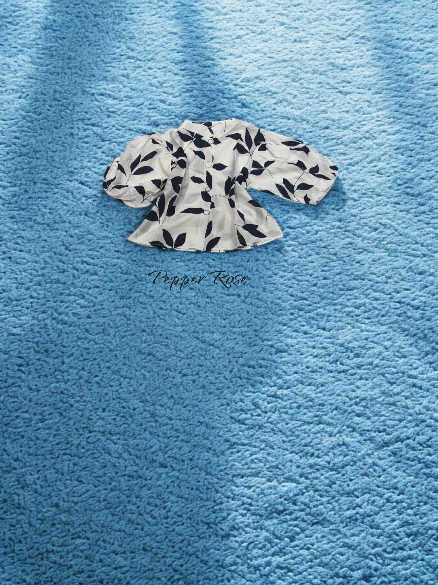Nena leaf Printed Shirt With Puff Sleeved - Navy Blue