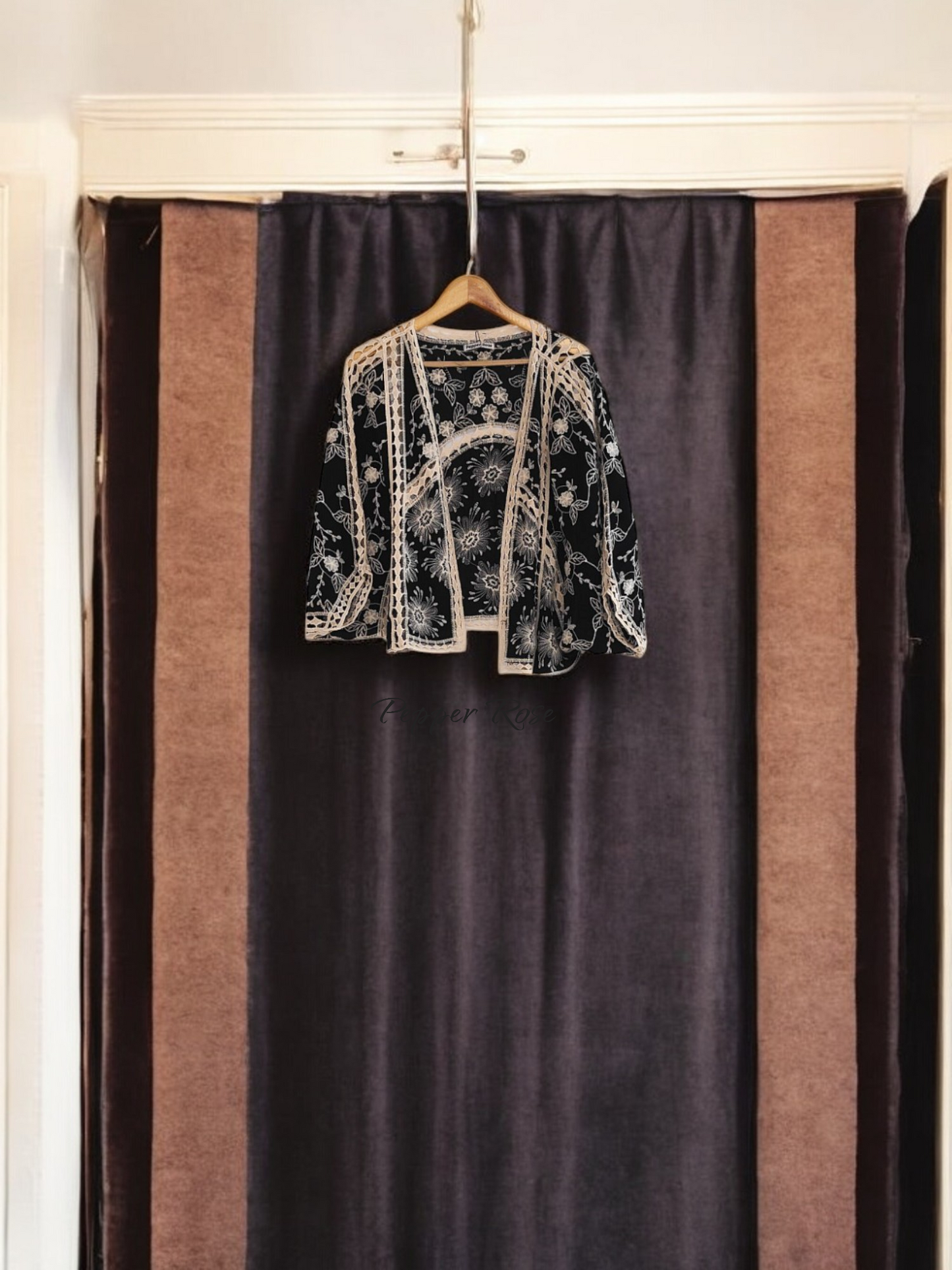 Dena Floral embroidery Shrug With Lace Allover - Black