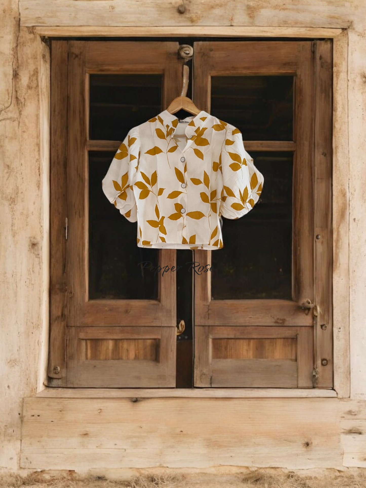 Nena leaf Printed Shirt With Puff Sleeved - Yellow