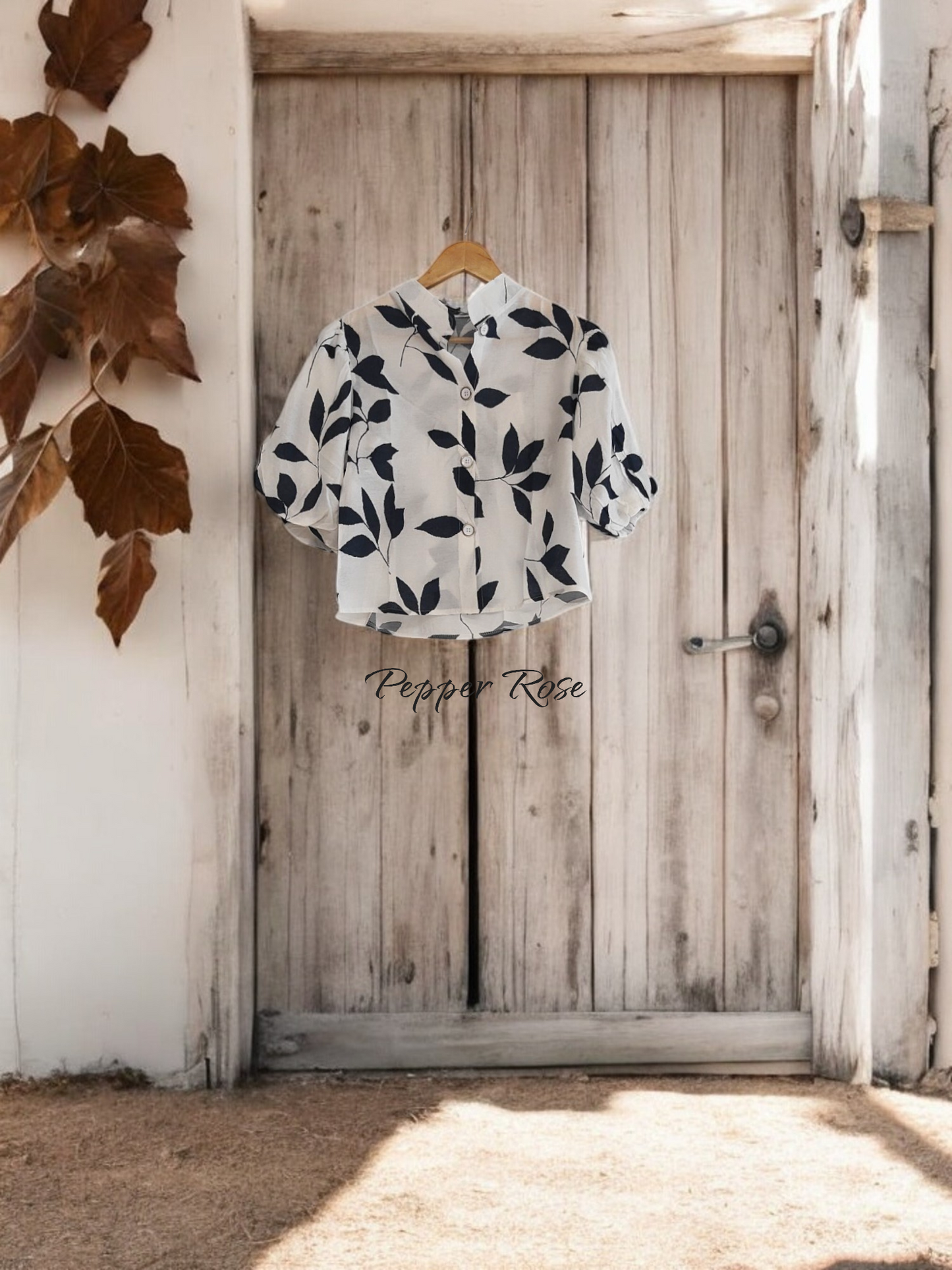 Nena leaf Printed Shirt With Puff Sleeved - Navy Blue