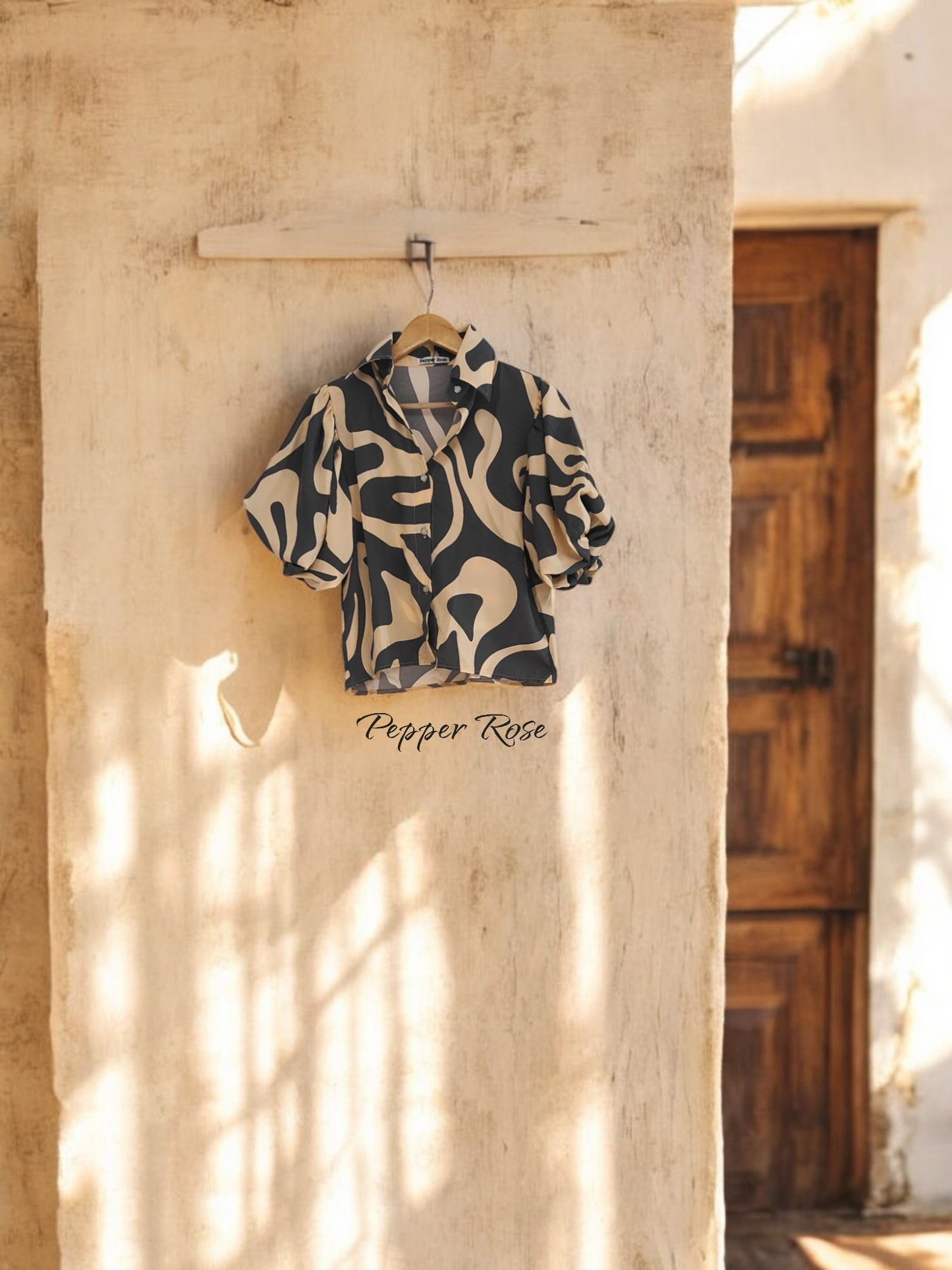 Neva Geometric Printed Shirt With Puff Sleeved- Grey