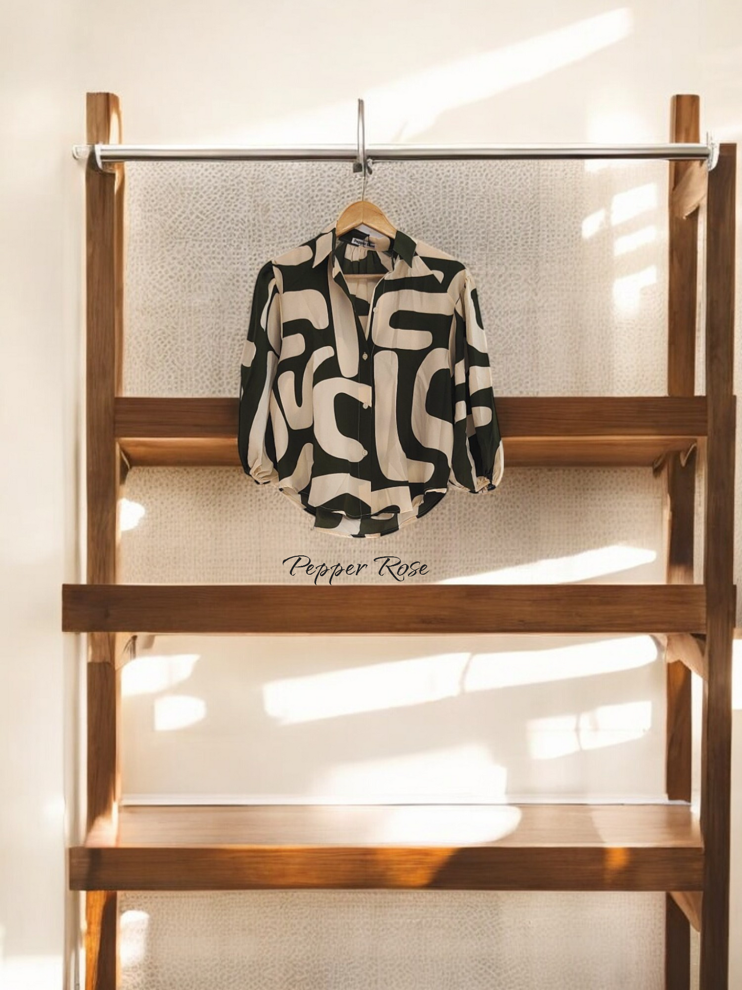 Neva Geometric Printed Shirt With Puff Sleeved- Green