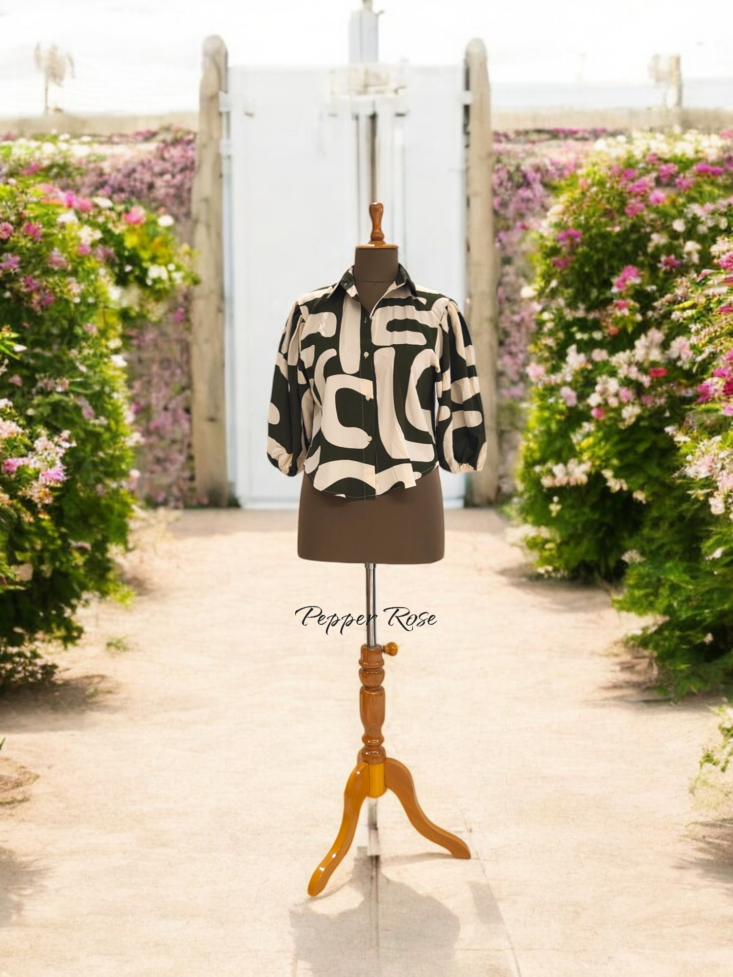 Neva Geometric Printed Shirt With Puff Sleeved- Green