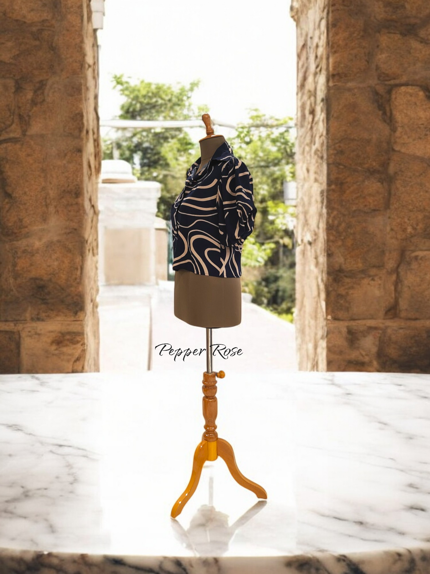 Neva Geometric Printed Shirt With Puff Sleeved - Navy Blue