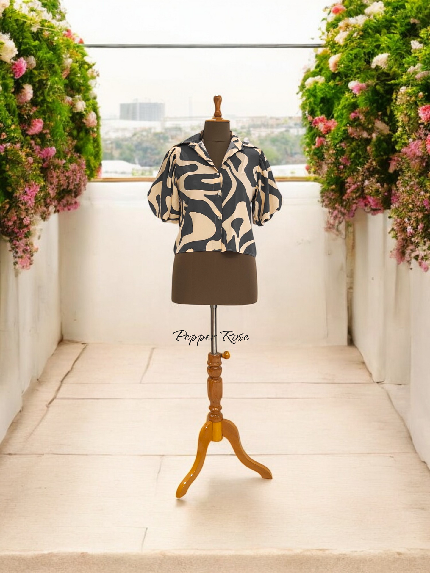 Neva Geometric Printed Shirt With Puff Sleeved- Grey