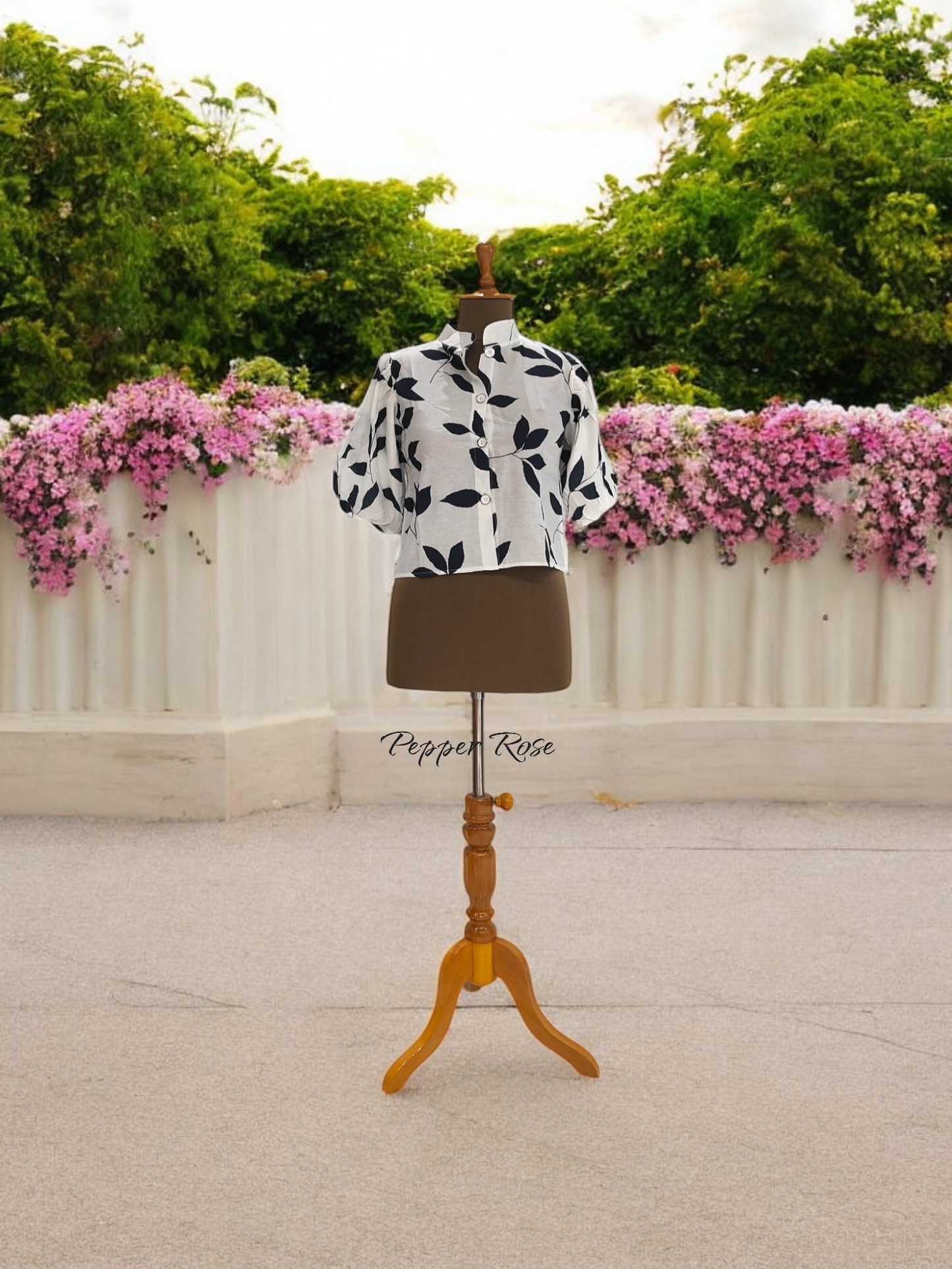 Nena leaf Printed Shirt With Puff Sleeved - Navy Blue