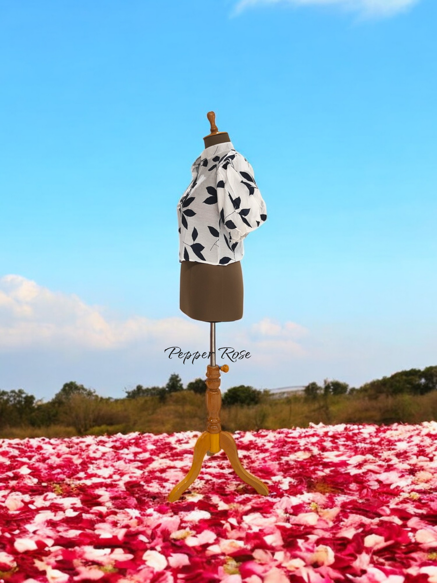 Nena leaf Printed Shirt With Puff Sleeved - Navy Blue