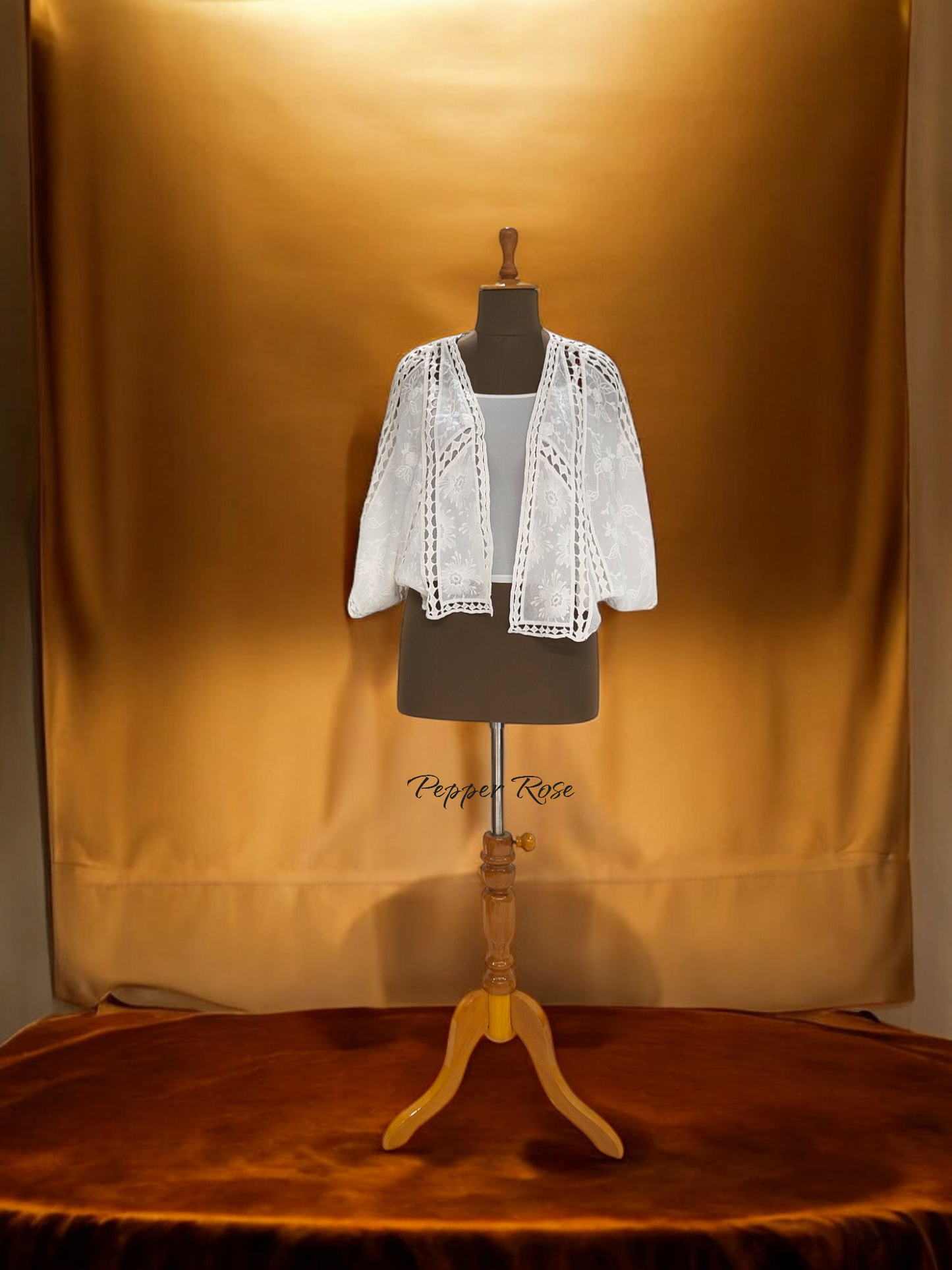 Dena Floral embroidery Shrug With Lace Allover - White