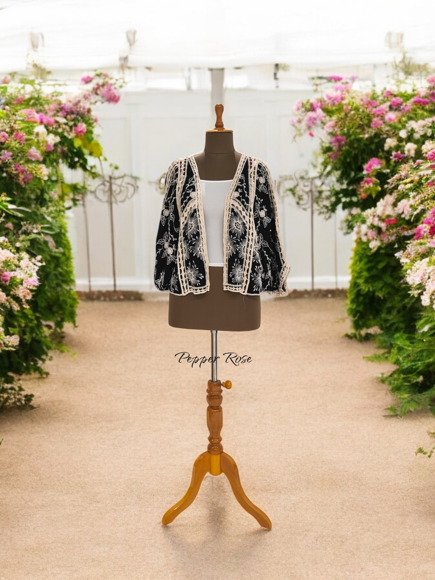 Dena Floral embroidery Shrug With Lace Allover - Black