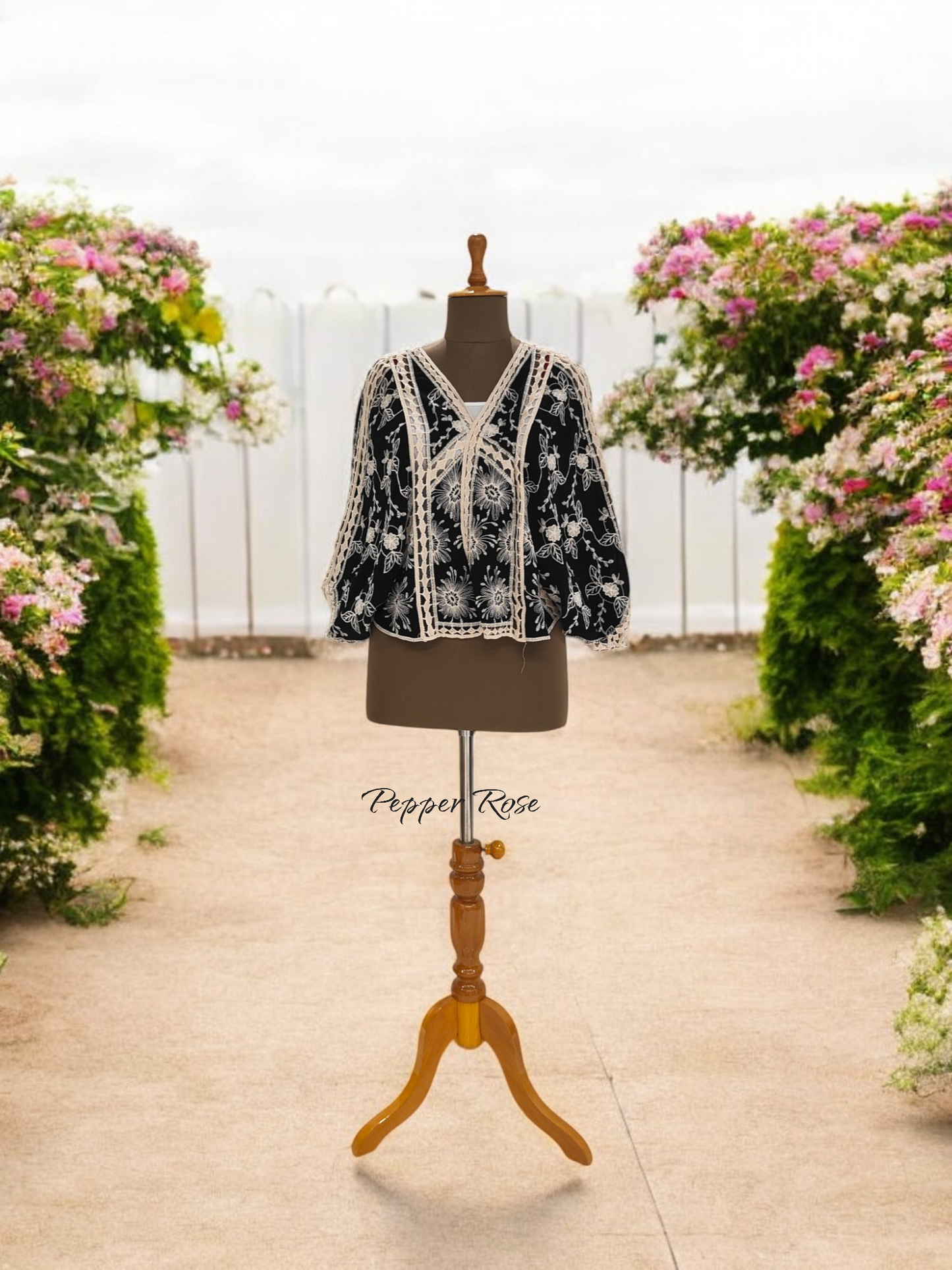 Dena Floral embroidery Shrug With Lace Allover - Black