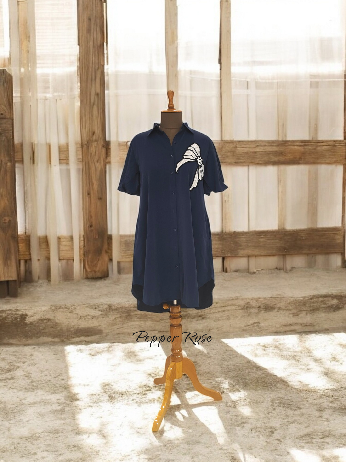 Lia Satin Shirt cum dress - Navy Blue