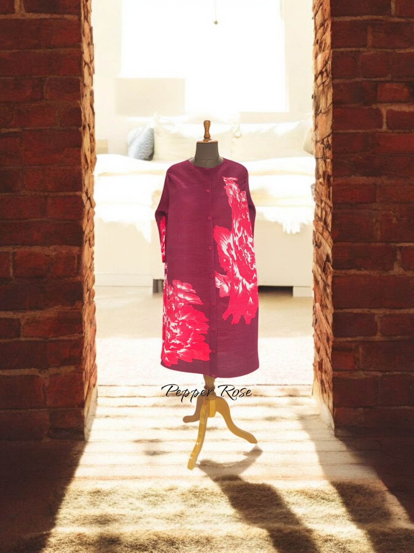 Miyake Pleated Buttoned Floral printed Dress - Maroon/Red