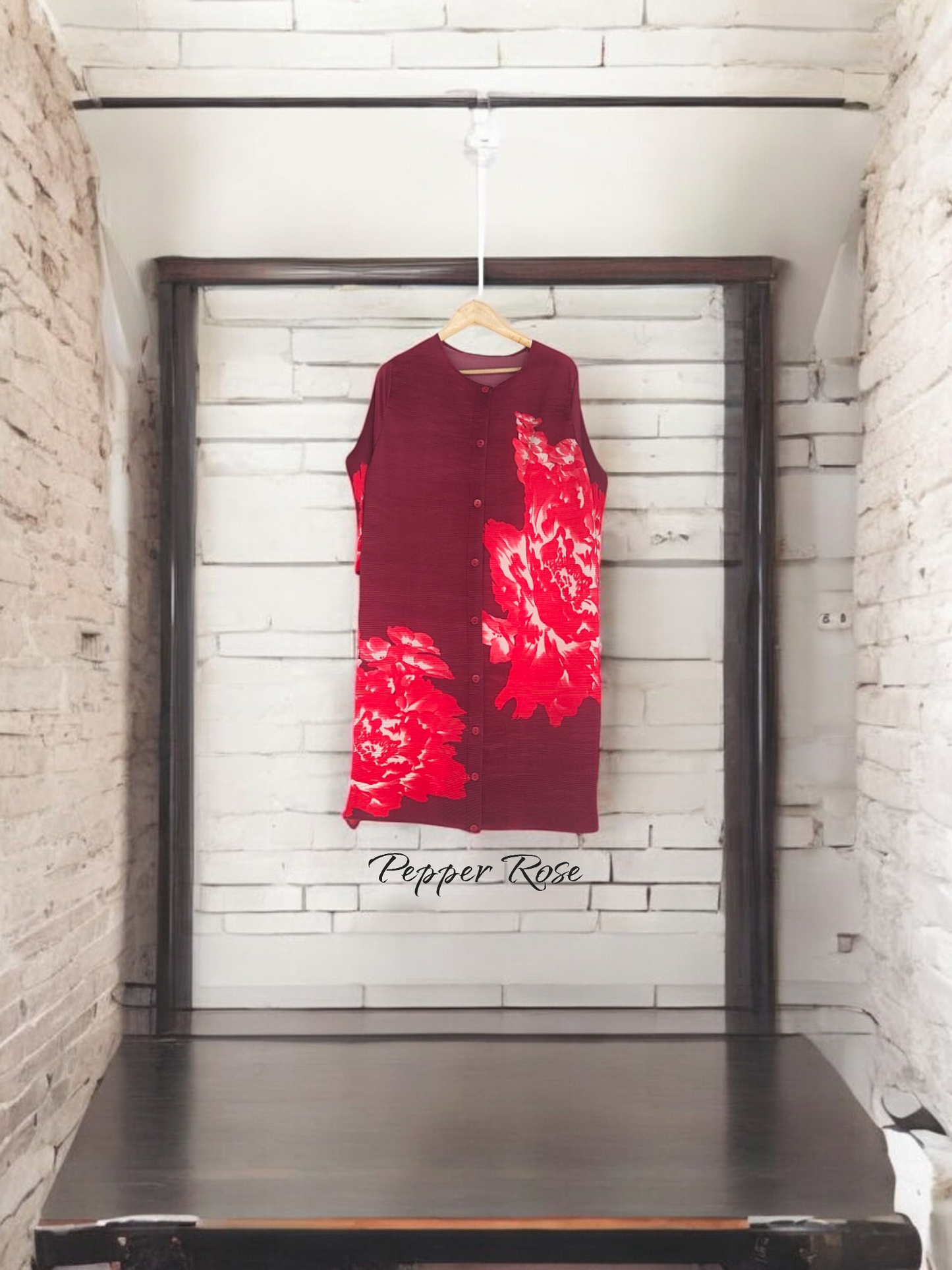 Miyake Pleated Buttoned Floral printed Dress - Maroon/Red