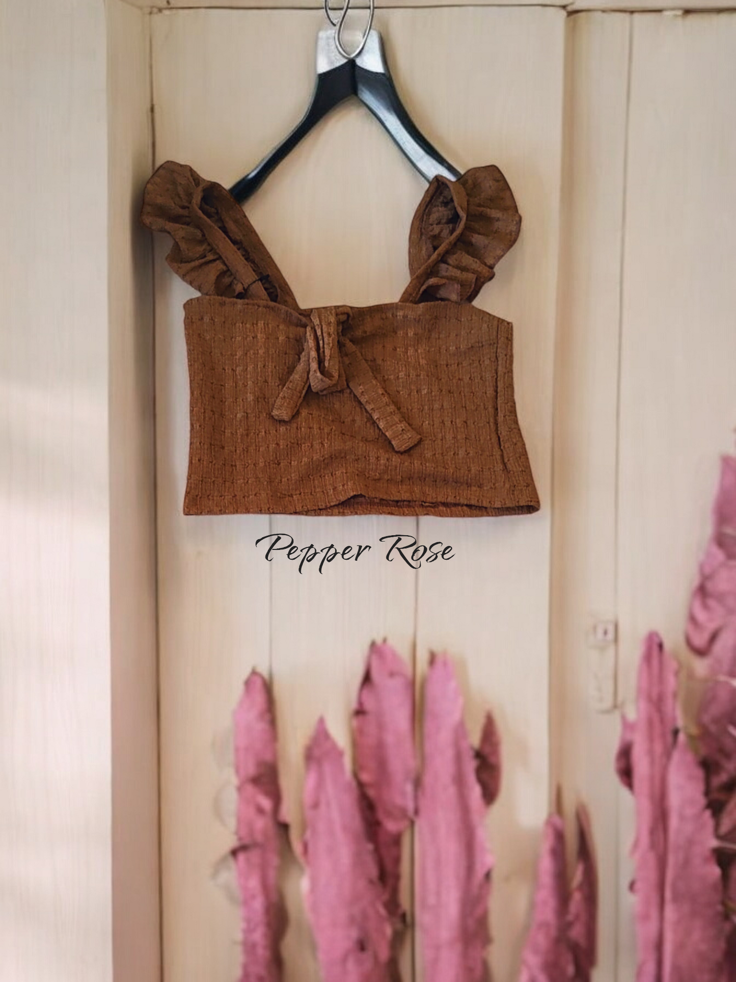 Lara Crop Top with Flutter Sleeves - Brown