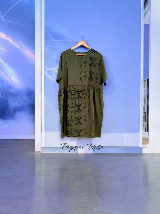 Rivaya Ethnic Motifs Printed top cum dress - Olive green