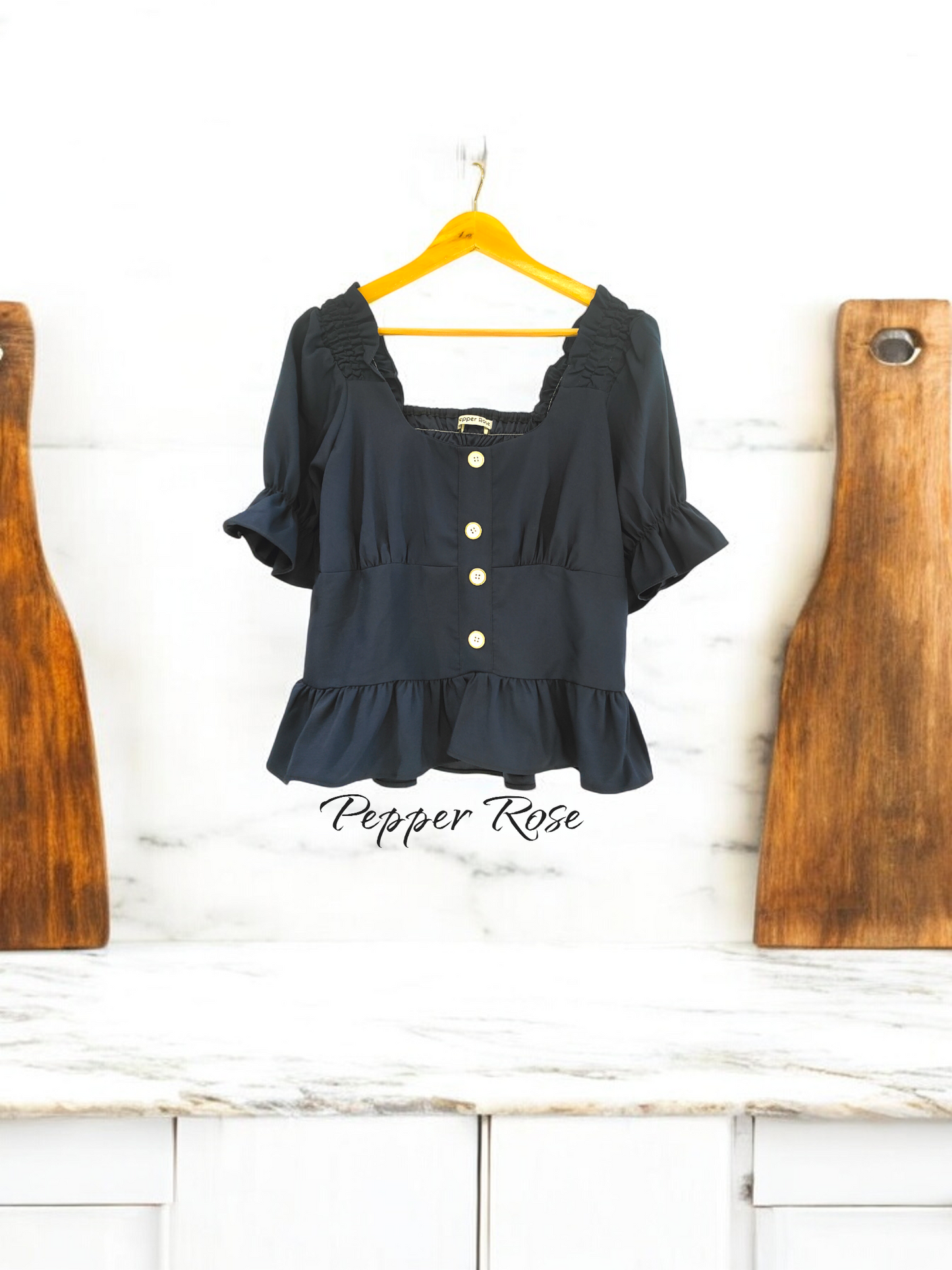 Kora Grain Texture Hem Top with Puff Sleeves - Navy Blue