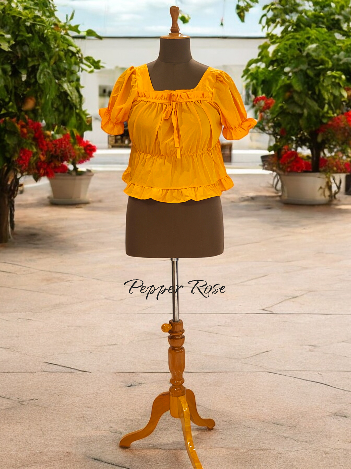 Nessa Egyptian Cotton Sateen Top with Puff Sleeves - Yellow