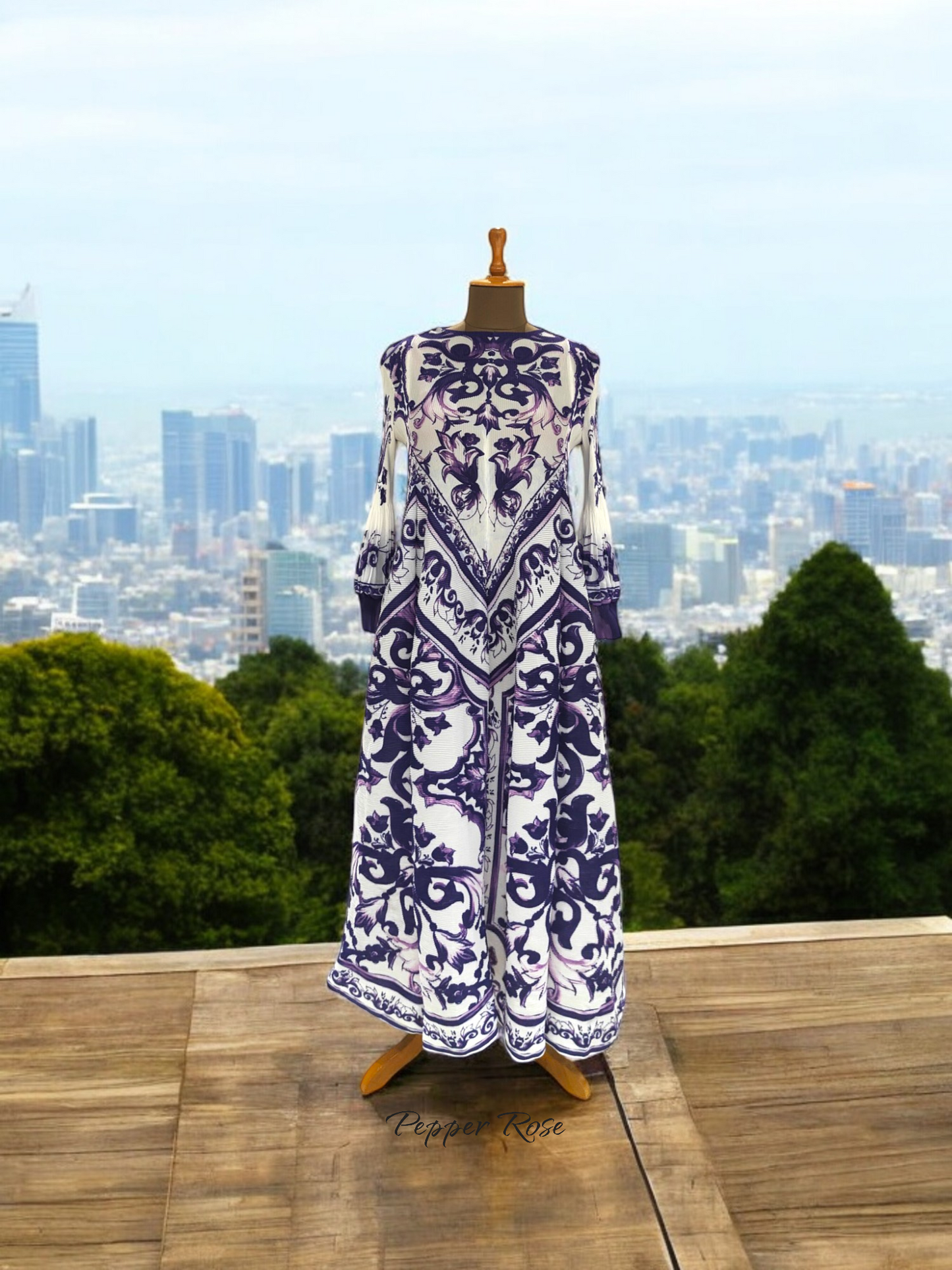 Miyake Pleated Porcelain print Retro Dress - Purple & White