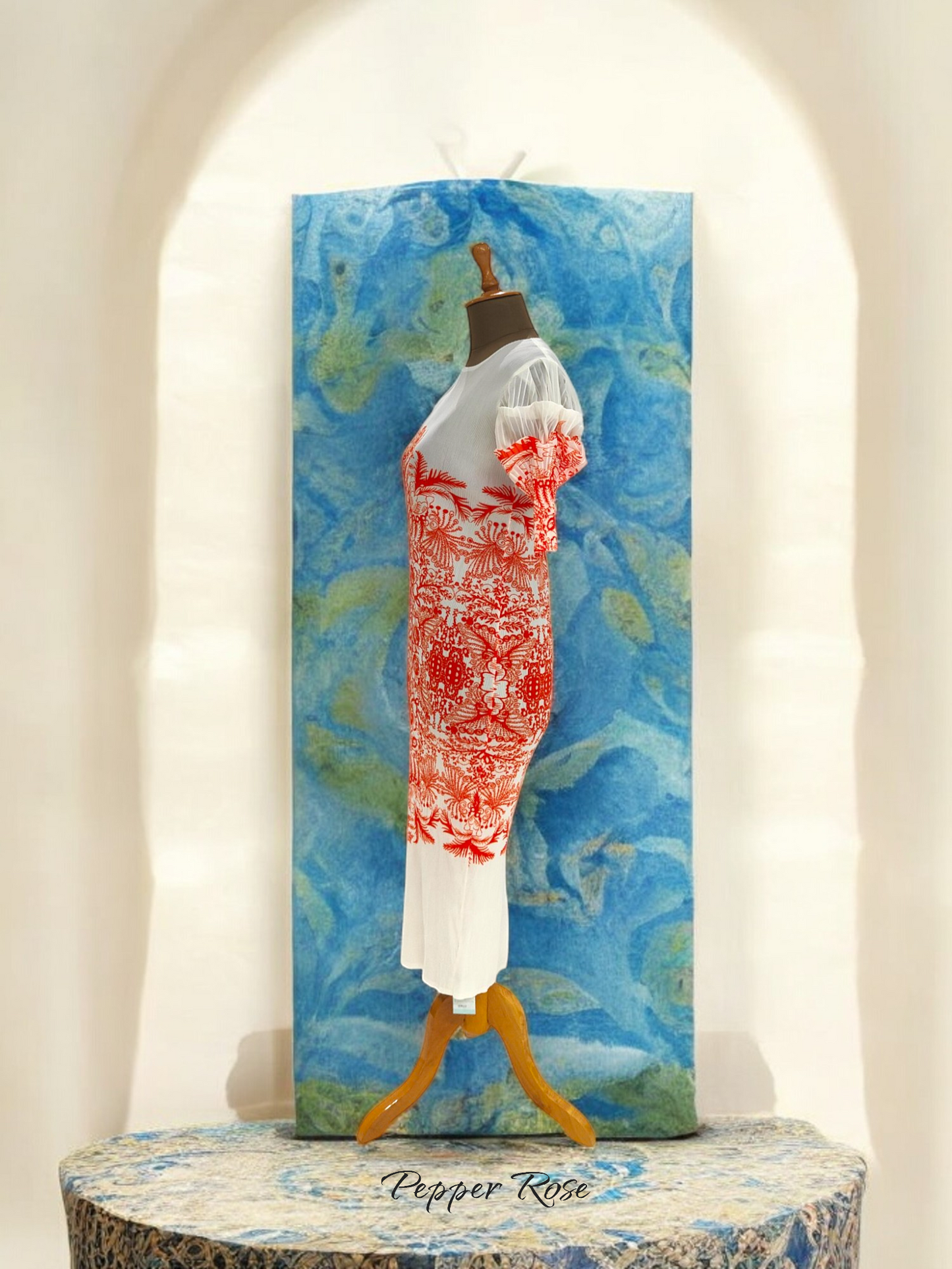 Miyake pleated printed bodycon Dress - White & Orange